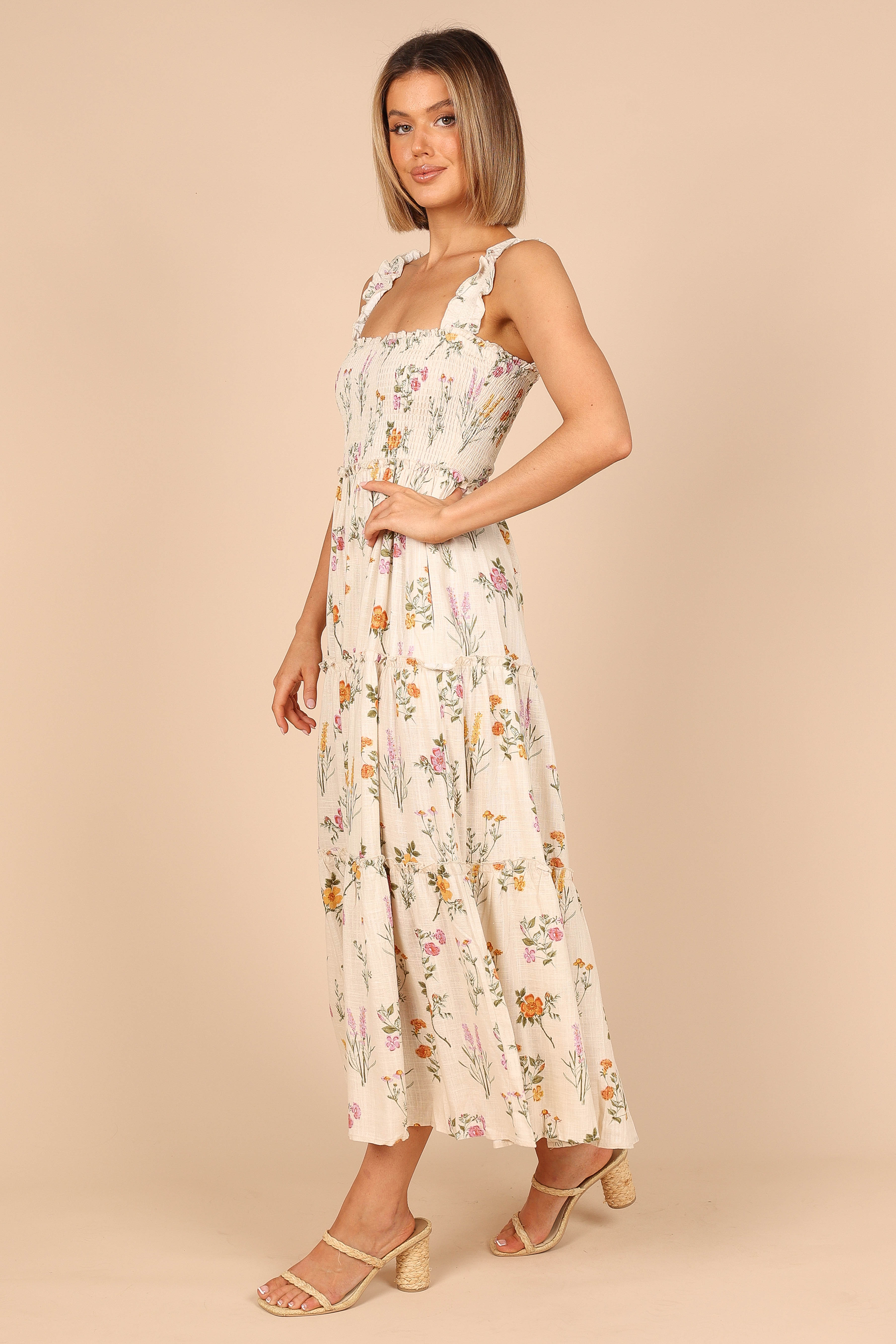 August Shirred Maxi Dress - Beige Floral Print Summer Dress for Women | Perfect for Beach Vacations, Date Nights & Casual Outings