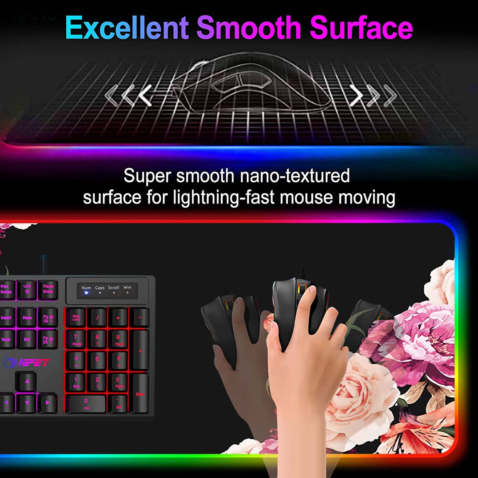 RGB Gaming Mouse Pad - Large LED Light-Up Desk Mat with Non-Slip Surface, Waterproof Design for PC Gamers | Perfect for Gaming Setups, Office Work & Streaming (Peony Flower Pattern)