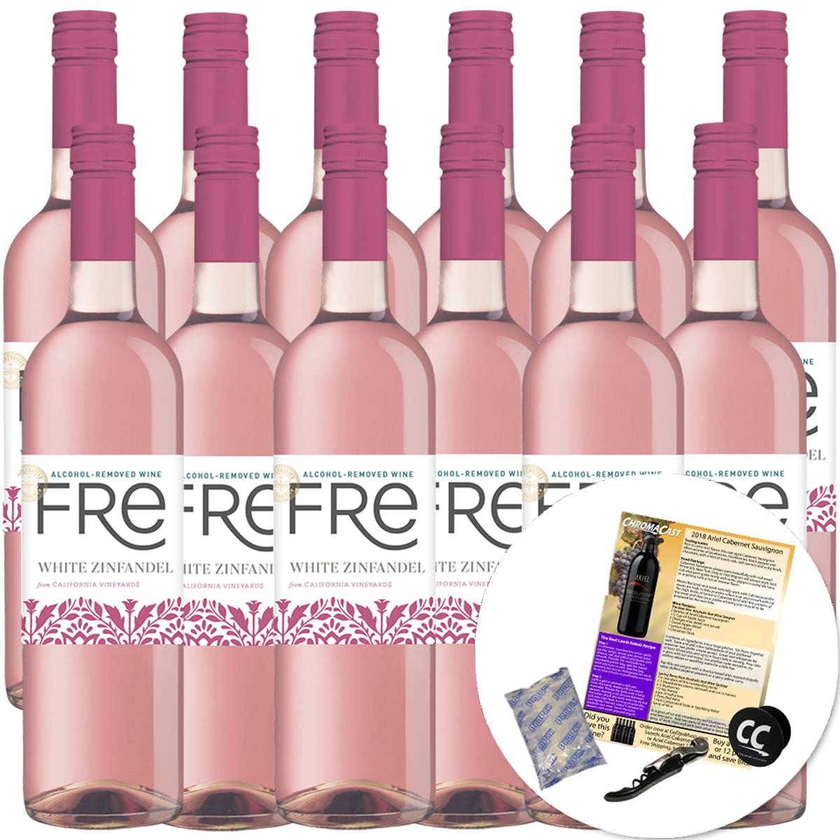 Sutter Home Fre White Zinfandel Non-Alcoholic Wine Bundle with Ice Packs, Corkscrew, Phone Grip, Seasonal Pairings & Recipes, 750ML, 12-Pack – Perfect for Parties, Gifts, and Relaxing Evenings