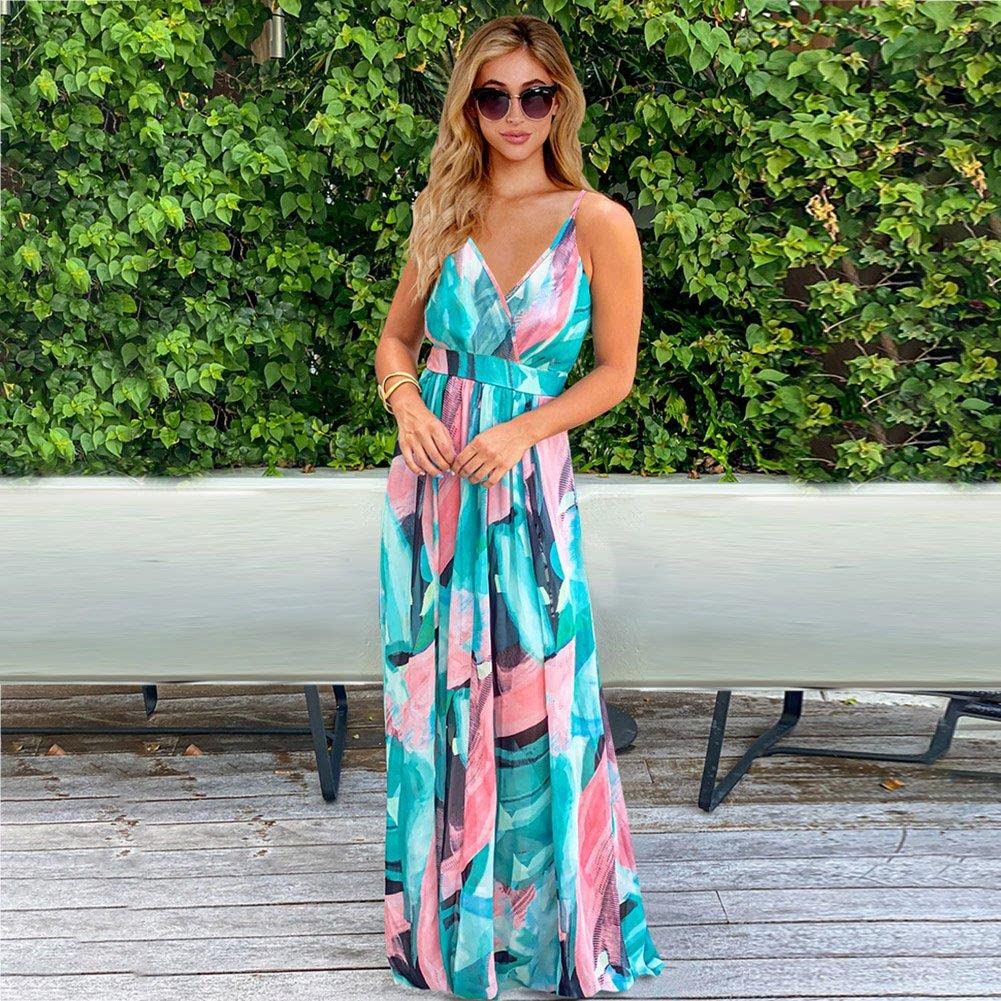 Bohemian Floral Print Women's Maxi Dress - V-Neck Spaghetti Strap Long Sling Dress for Beach Vacation, Summer Party & Casual Outings