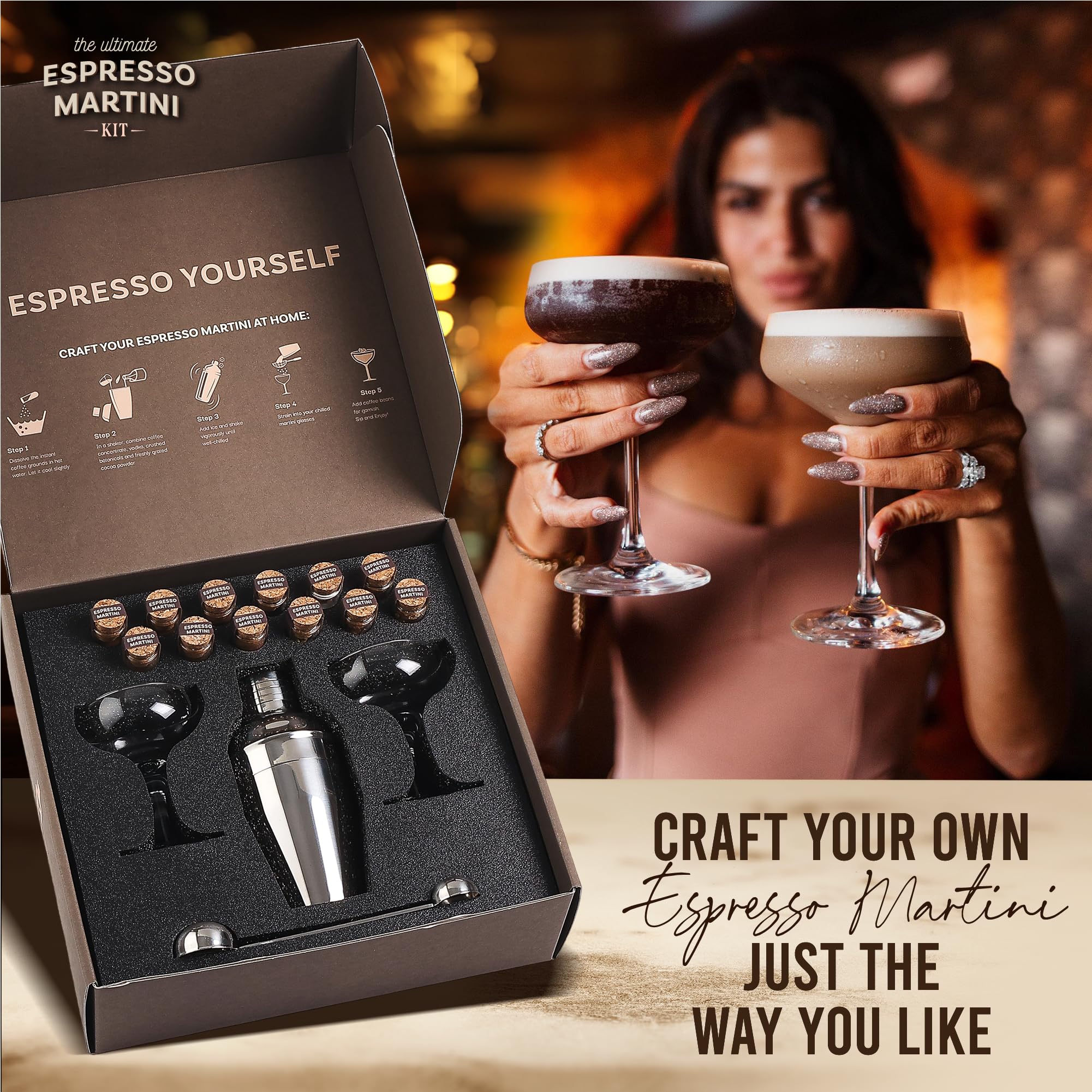 Espresso Martini Kit Gift Set - Complete Cocktail Maker Kit with Premium Espresso Mix, Shaker, Glasses & Party Accessories | Perfect for Birthdays, Weddings & Girls Night Out | Elegant Gifts for Women & Home Bartenders