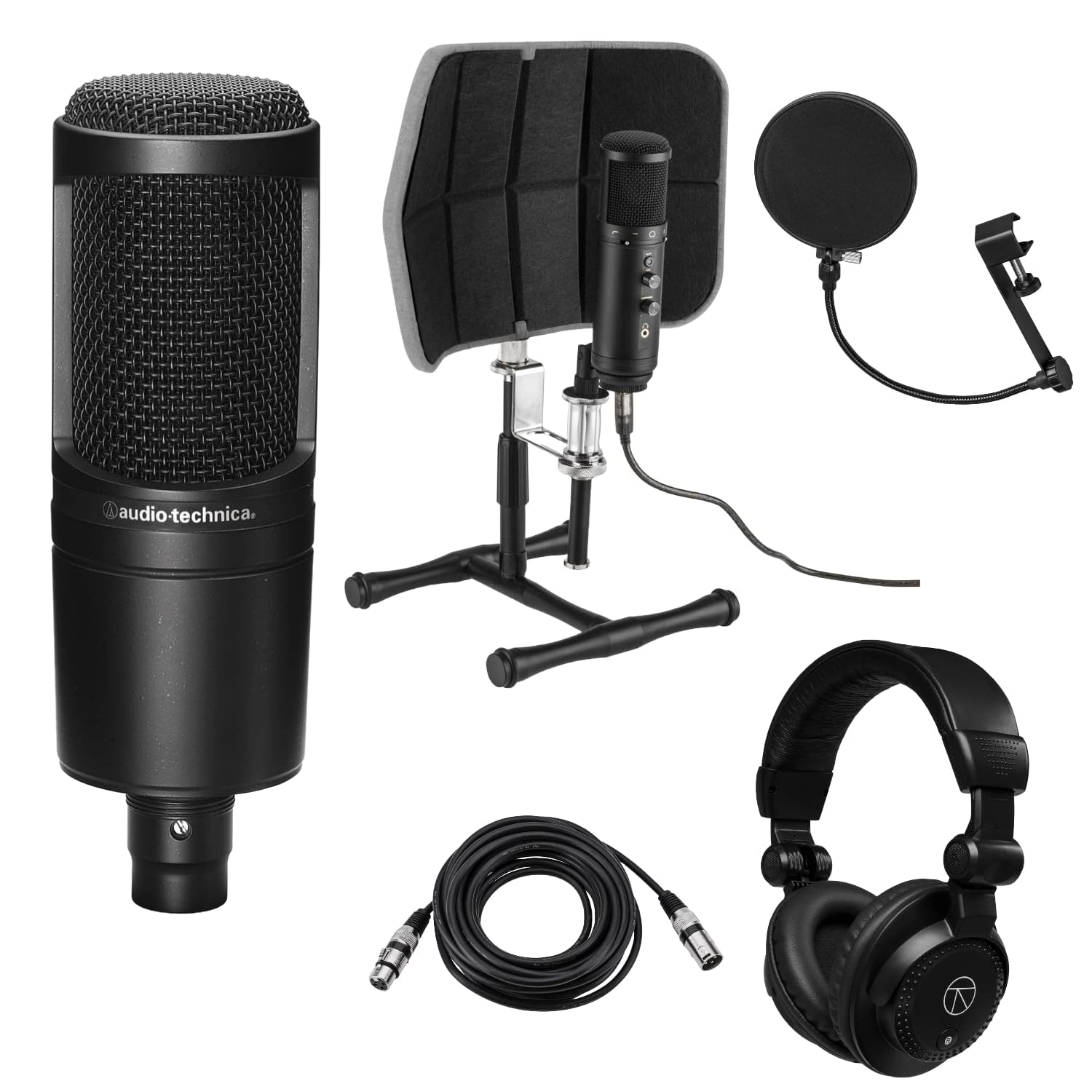 Audio-Technica AT2020 XLR Studio Condenser Microphone Kit with Shock Mount, Pop Filter, Headphones & Cable - Perfect for Podcasting, Voice Overs, Home Recording & Streaming