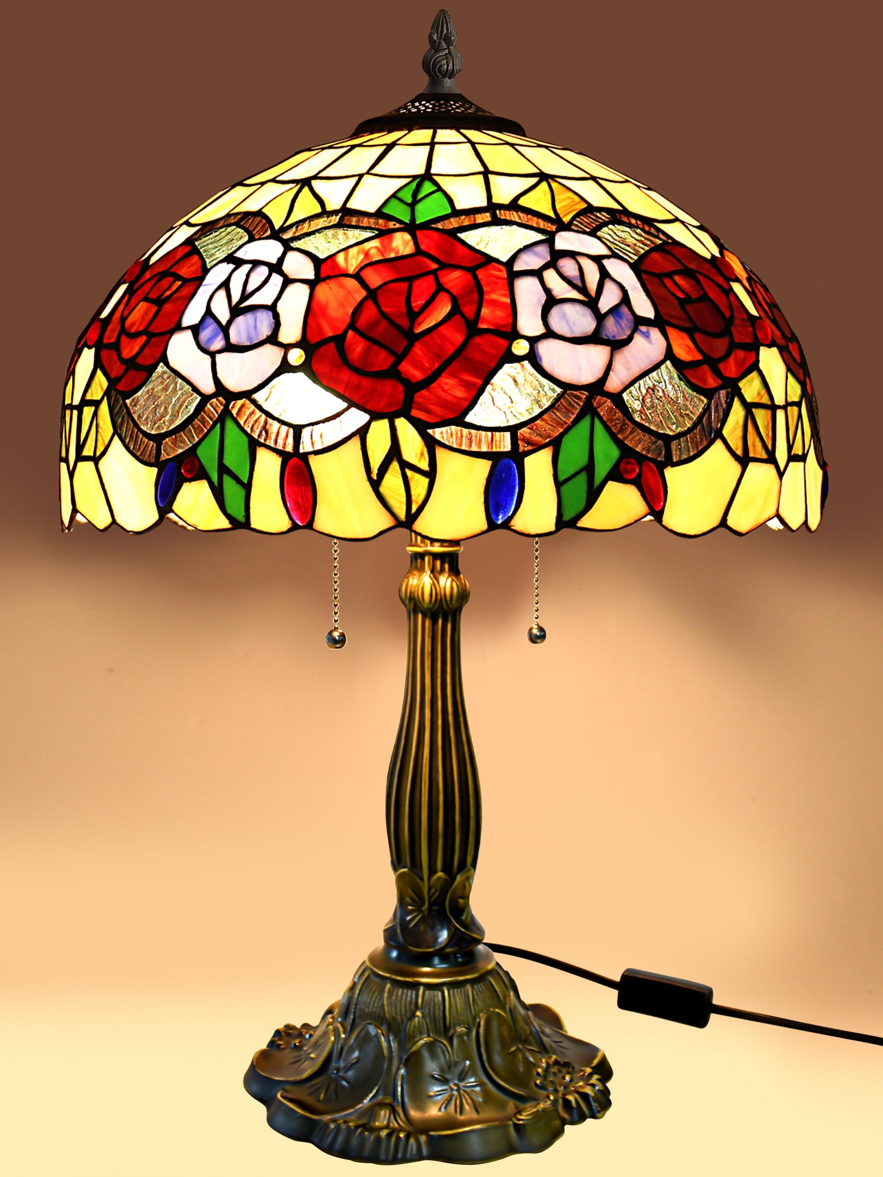 Tiffany Style Stained Glass Rose Table Lamp - 24 Inch Tall, 16 Inch Wide Shade, Antique Zinc Base with 2 Bulbs - Perfect for Living Room, Bedroom, Kitchen & Family Room Decor