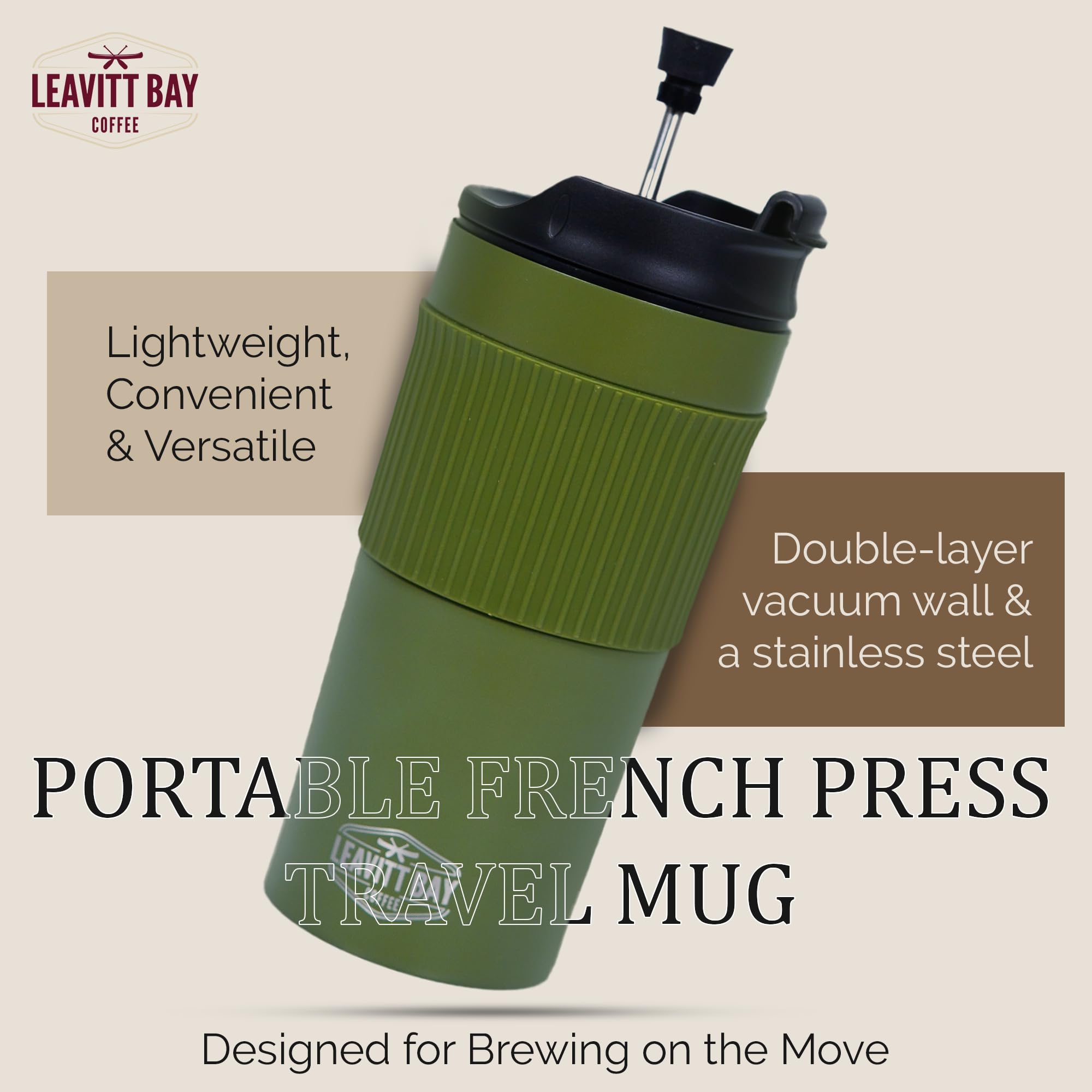 Stainless Steel French Press Travel Mug 15oz - Double Wall Vacuum Insulated Coffee & Tea Maker - Portable Single Serve French Press for Camping, Office, Home - Army Green Tumbler for Hot & Cold Beverages