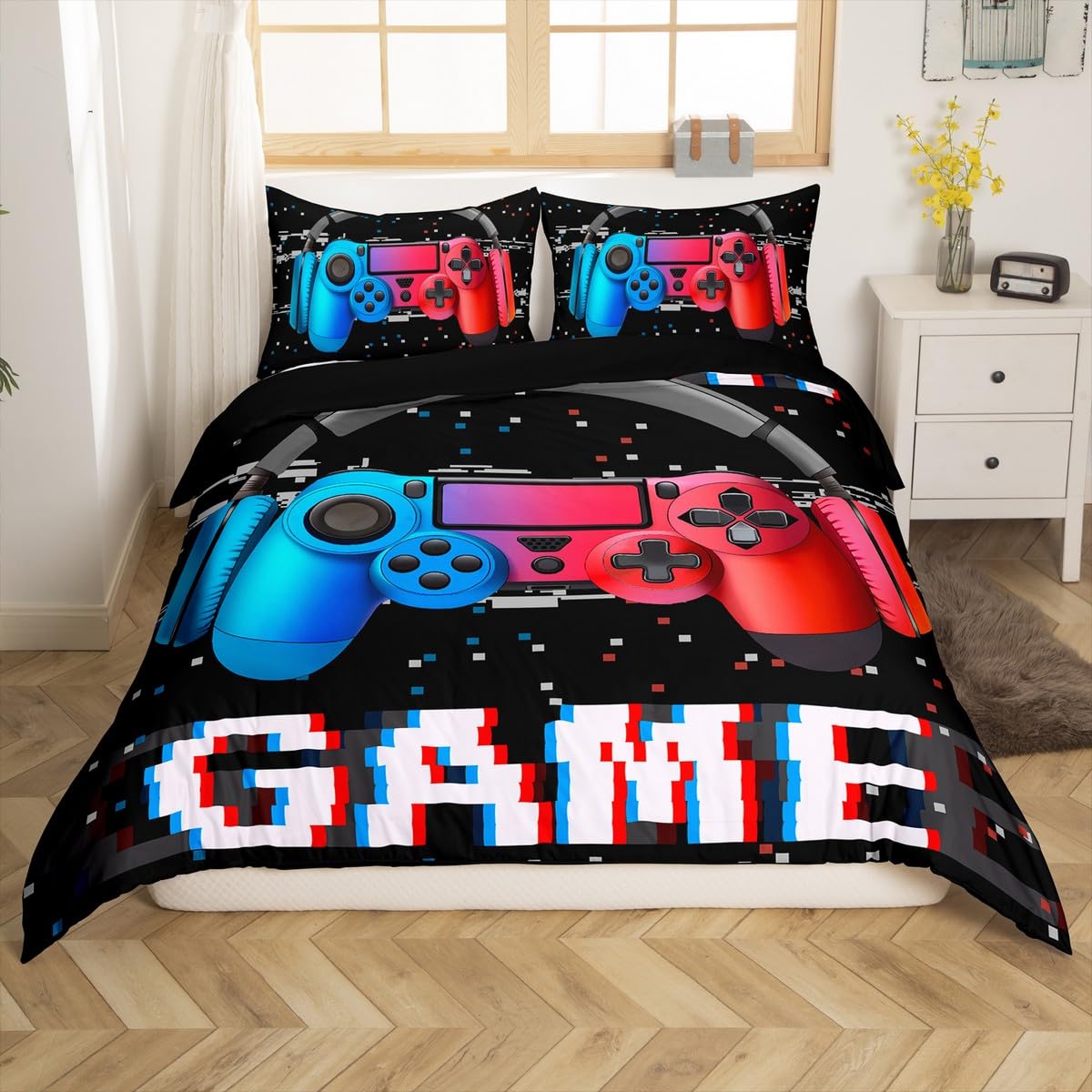 3D Gaming Bedding Set for Teens - Video Game Themed Duvet Cover with Headset & Controller Design, Boys Music Comforter/Quilt Set, King Size Red Blue - Perfect for Gamer Bedroom Decor & Sleepovers