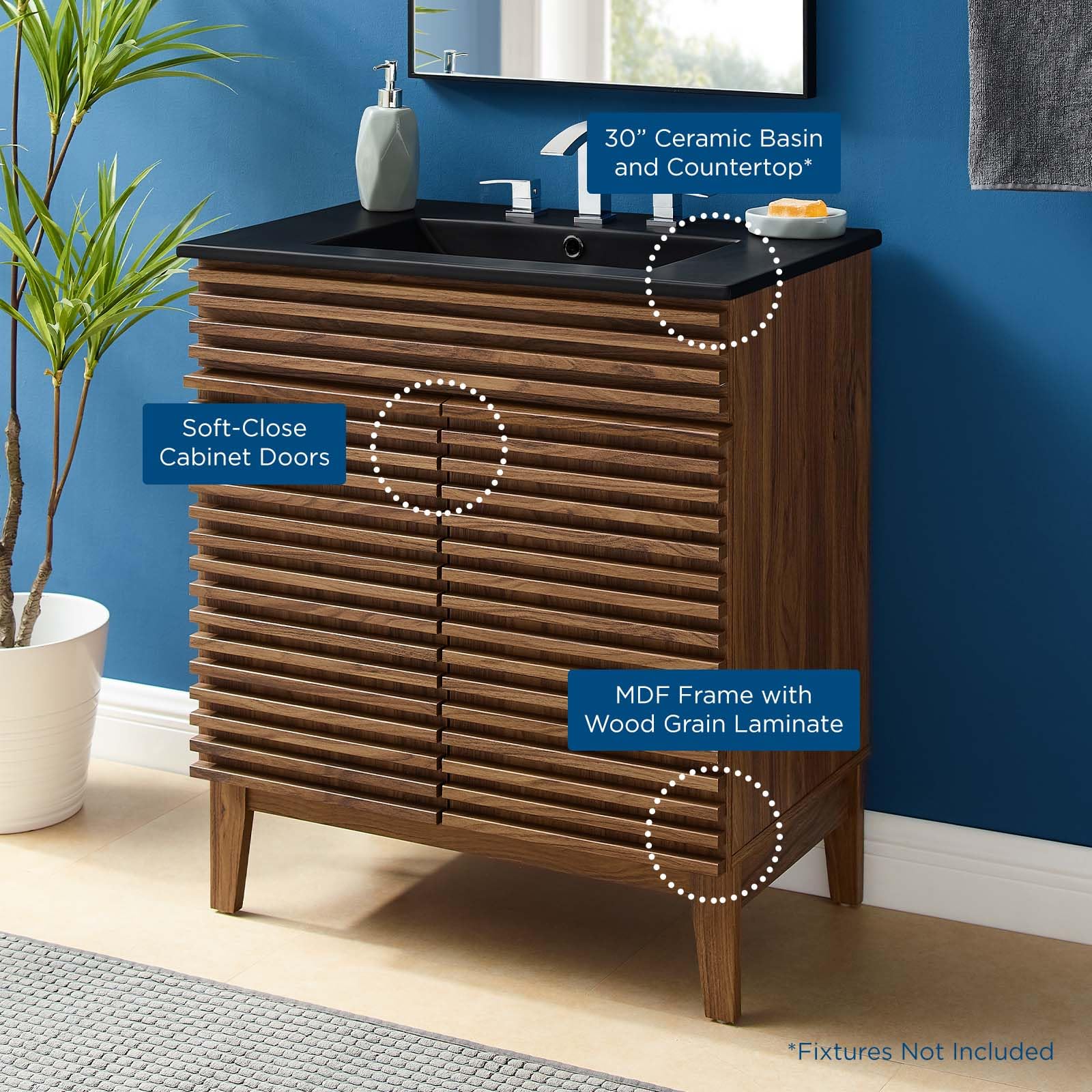 Modway 30 Inch Walnut Black Vanity with Sink - Modern Bathroom Floor Cabinet for Small Spaces, Perfect for Apartments & Powder Rooms