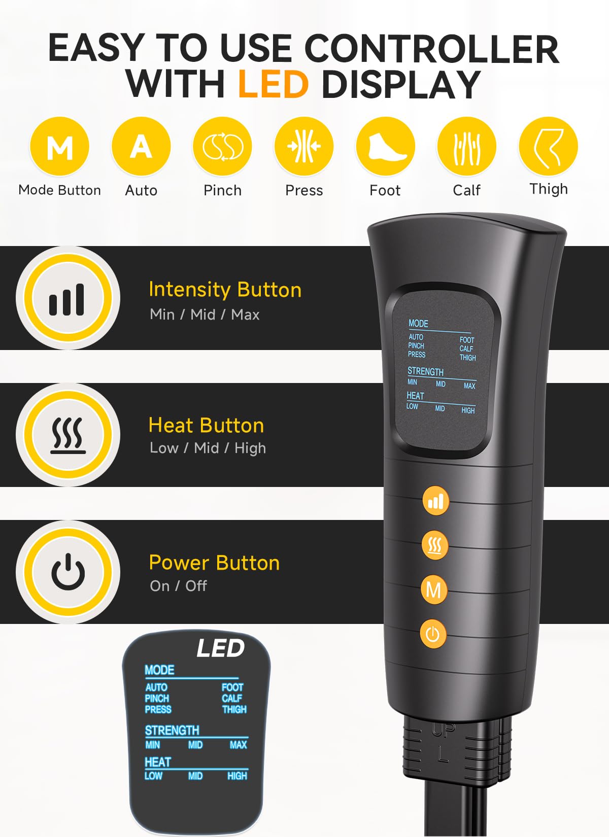 Leg Massager with Heat & Compression - Foot, Calf & Thigh Massager for Circulation & Pain Relief - 3 Intensity Levels & 6 Massage Modes with Handheld Controller - FSA/HSA Eligible - Perfect for Relaxation After Workouts, Long Flights & Office Work