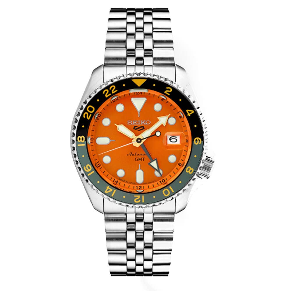 Seiko SSK005 Men's Automatic GMT Sports Watch - Orange Dial, Date Calendar, Luminous Hands & Markers, Gray GMT Bezel, 100m Water Resistant - Perfect for Travel, Diving & Everyday Wear