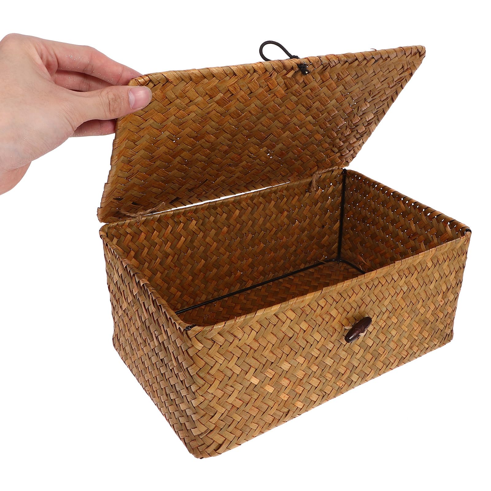 FOMIYES Seagrass Storage Baskets with Lid - Natural Woven Rectangular Wicker Bins for Home Organization | Shelf, Wardrobe & Closet Organizer | Perfect for Bedroom, Bathroom & Living Room Storage (Large Size)