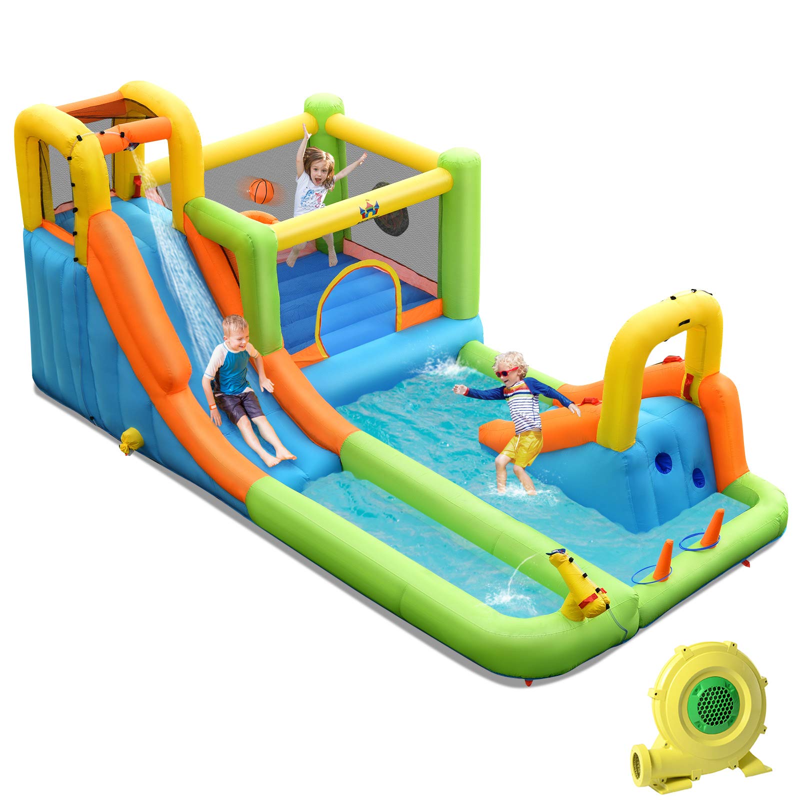 BOUNTECH 8-in-1 Mega Inflatable Water Slide Park with 950W Blower - Giant Bounce House with Long Slide & Splash Pool for Kids & Adults - Perfect for Backyard Parties, Summer Fun & Outdoor Water Activities