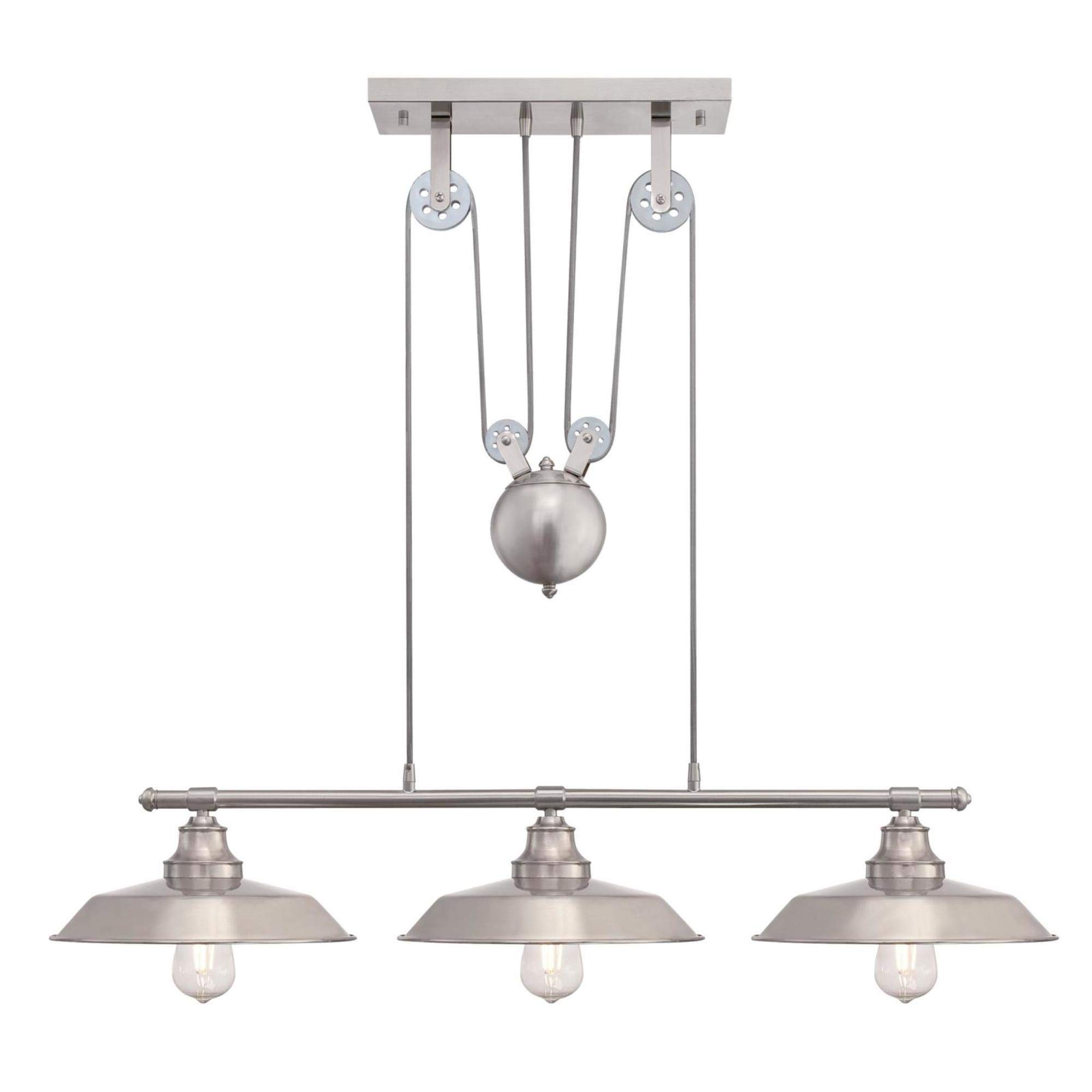 OHHG Lighting 6369900 Iron Hill 3-Light Industrial Pendant Light with Pulley System - Brushed Nickel Finish - Perfect for Kitchen Island, Dining Room, or Farmhouse Decor