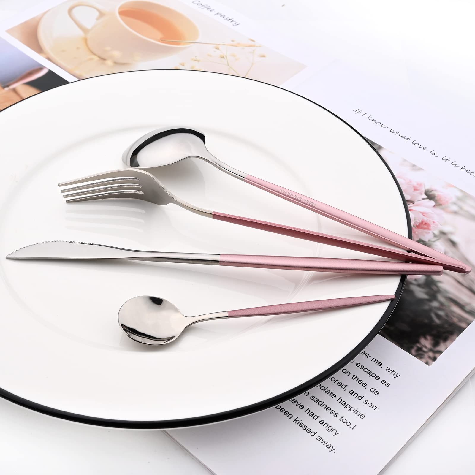 24-Piece Mirror Cutlery Serving Set - 18/0 Stainless Steel Silverware with Pink Handle - Modern Tableware for Home, Party, Restaurant & Christmas Dinner - Service for 6 (Pink Silver) - Perfect for Wedding Gifts, Bridal Showers & Elegant Dining