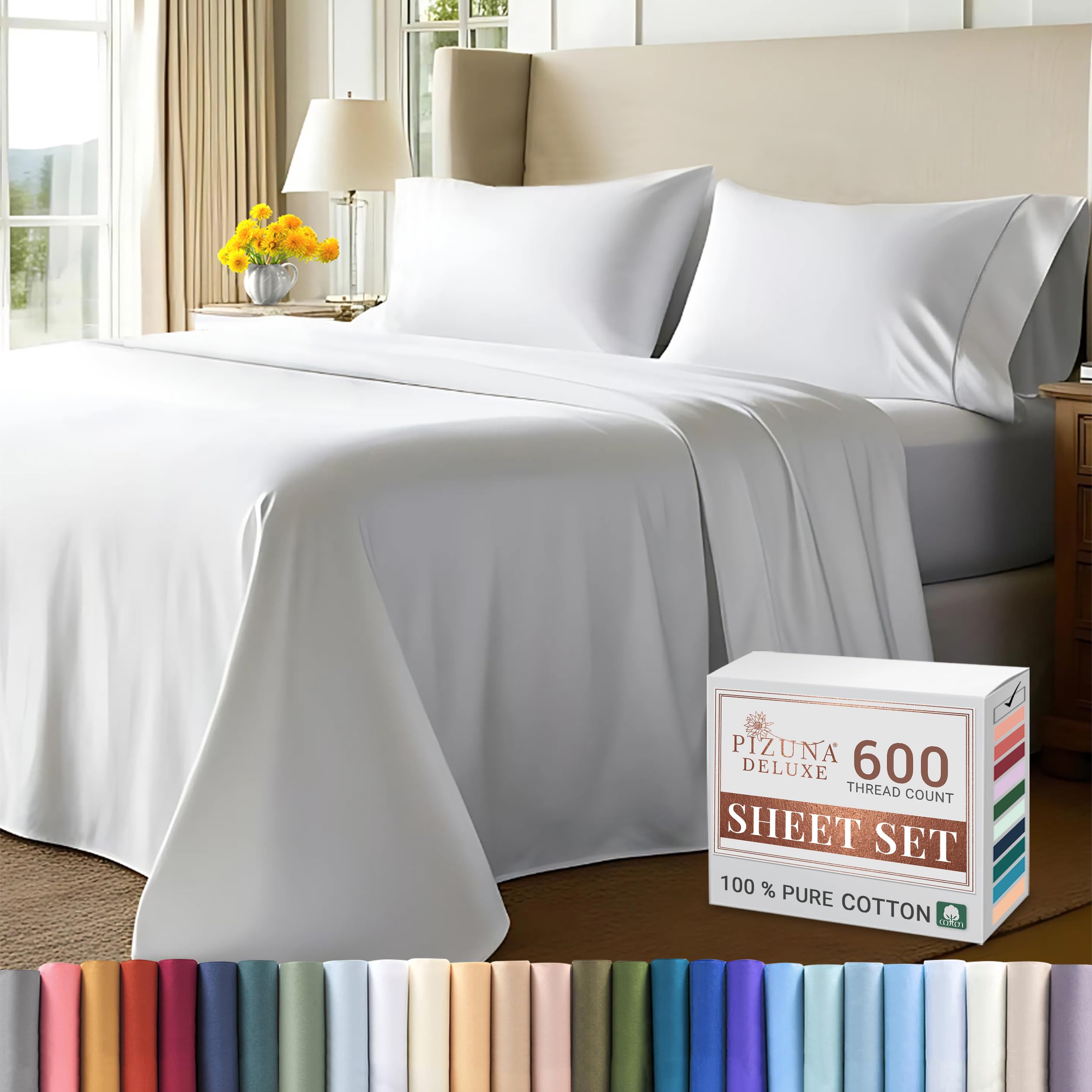Pizuna Pure 100% Cotton King Size Sheets - 600 Thread Count Long Staple Cotton Sateen Bedding Set with 15