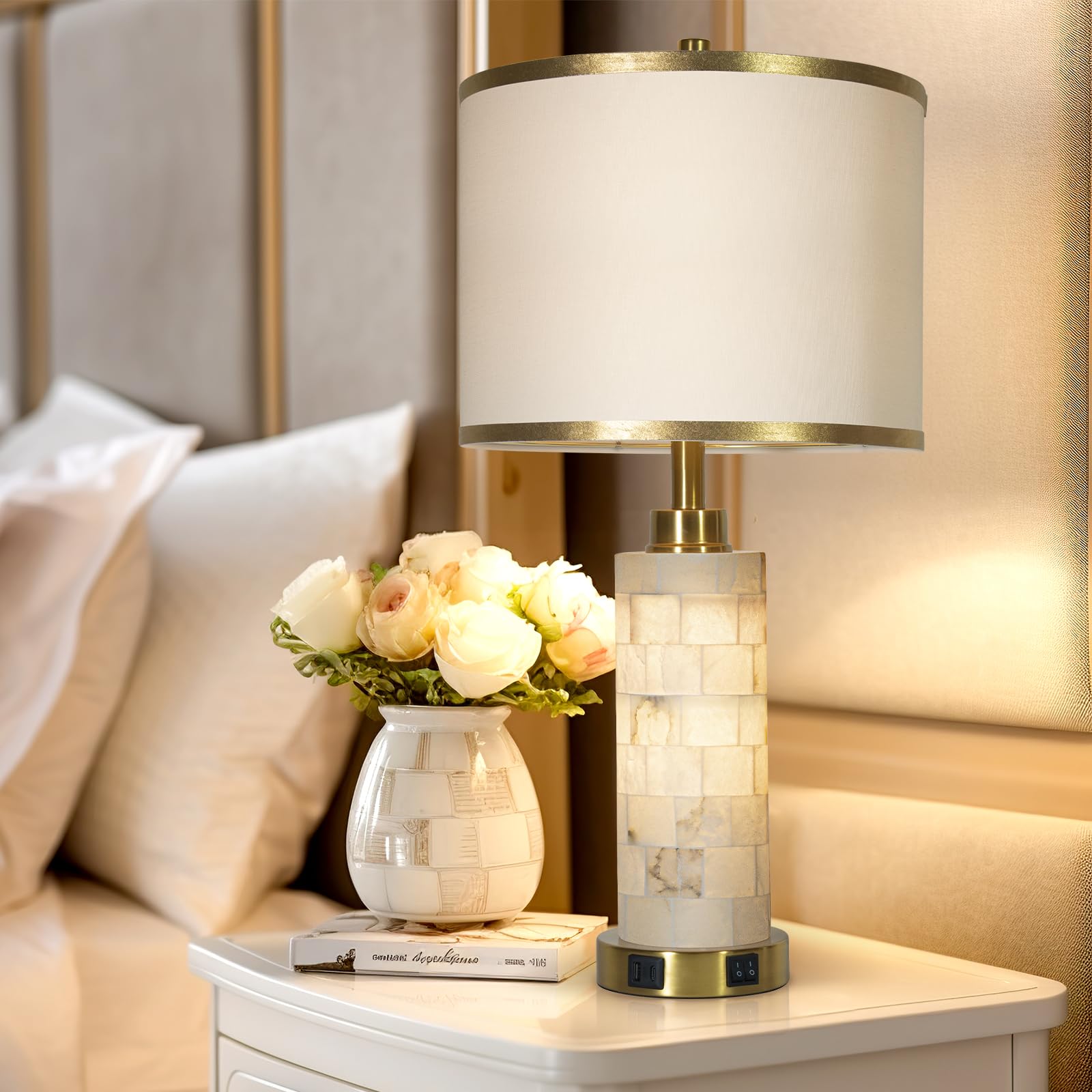 Natural Alabaster Nightstand Lamp Set of 2 - USB Charging Ports, Linen Shade, Warm White Light - Perfect for Bedroom, Living Room, Home Office, Hotel & Bar Decor