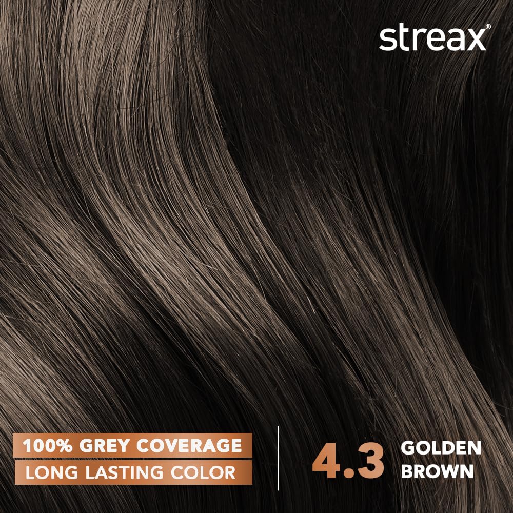 Streax Permanent Hair Color Cream - 100% Gray Coverage with Argan & Walnut Oil - Long Lasting Brown Hair Dye for Women - 4.3 Golden Brown (120ml, 1 Pack) - Perfect for At-Home Hair Coloring & Salon-Quality Results