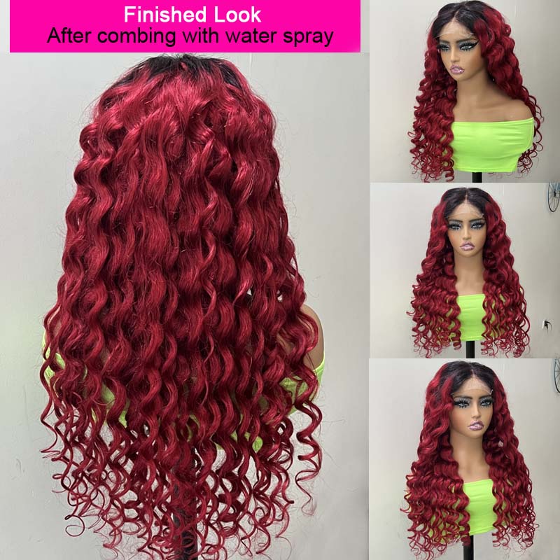 Eullair Ombre 1B/99J Burgundy Loose Wave Human Hair Wig with Lace Frontal for Women - Natural Looking Wigs for Daily Wear, Parties & Special Occasions