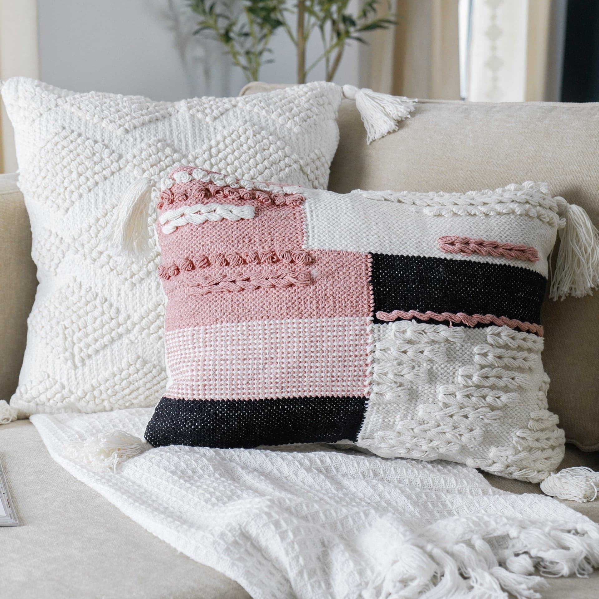 Naima Woven Decorative Throw Pillow Covers - Boho Chic Home Decor for Sofa, Bed & Couch - Soft Cotton Square Pillow Cases for Living Room, Bedroom & Nursery