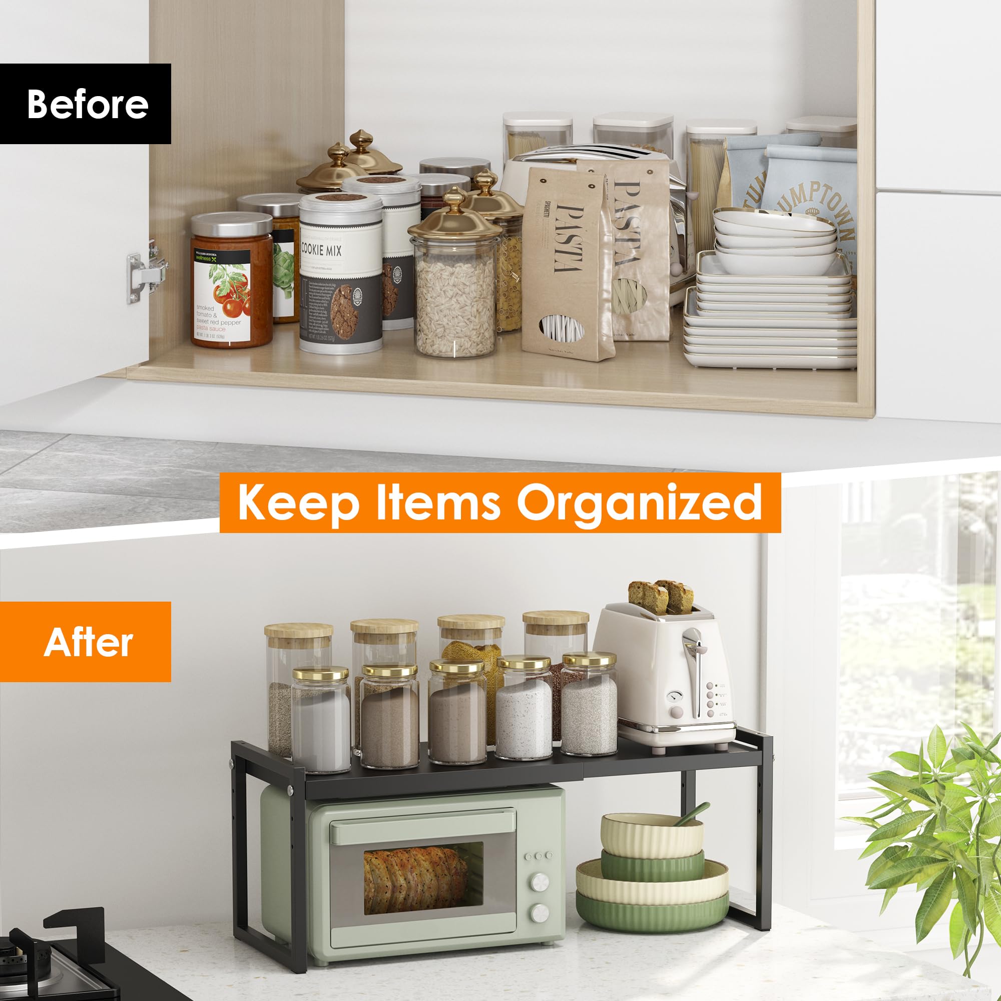 DOLALIKE Expandable Kitchen Countertop Organizer - Stackable Cabinet Shelf Organizer for Spices, Pantry & Bathroom Storage - Space Saving Shelf for Office & Home Use (Black, 1 Pack) - Perfect for Small Spaces & Clutter-Free Organization