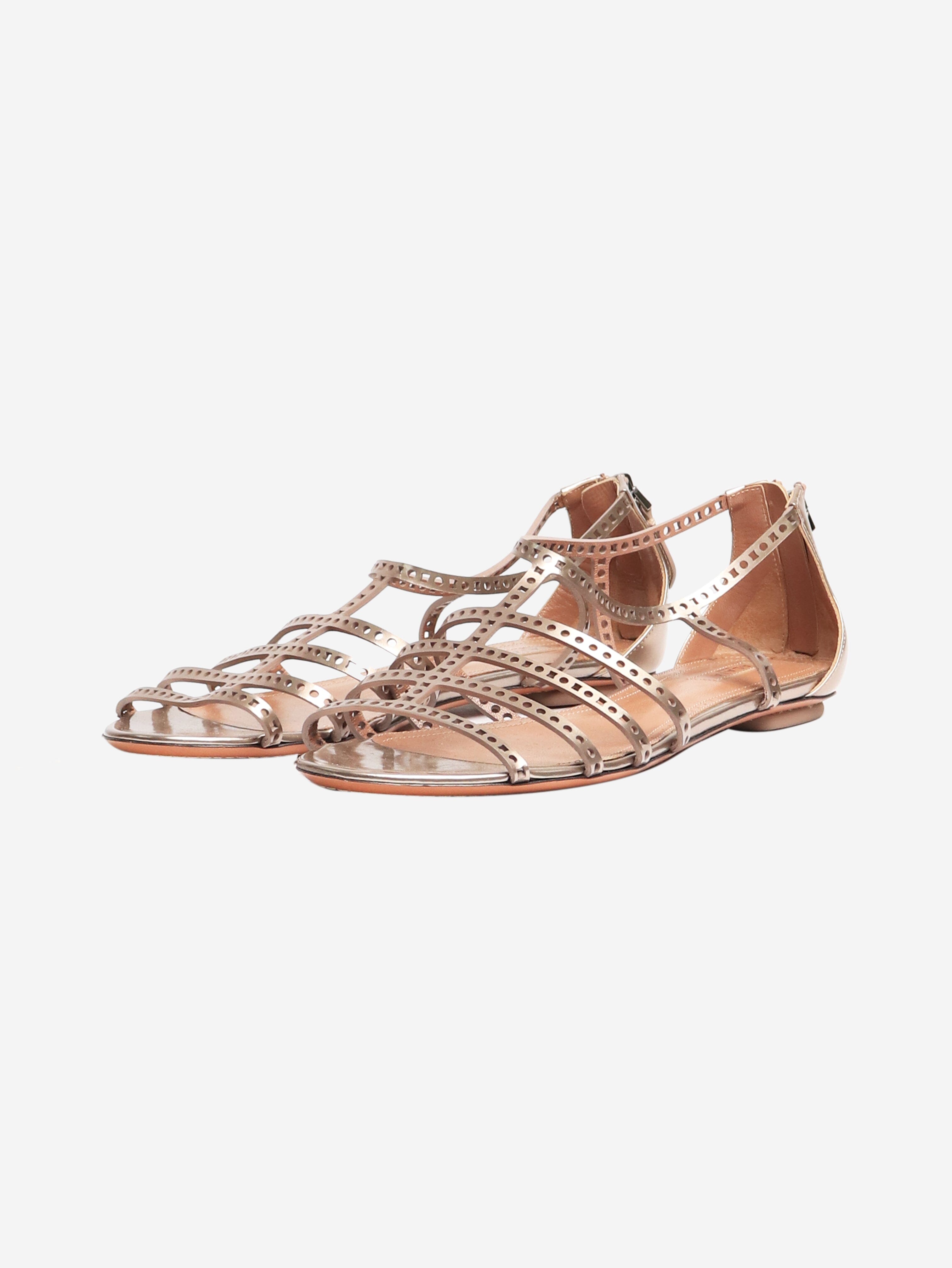 Bronze Leather Laser Cut Strap Sandals - Size EU 38.5 (US Women's 8) - Comfortable Summer Beach Wedding Casual Shoes