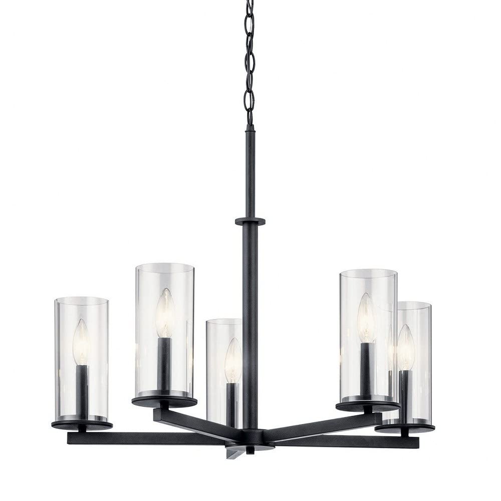 5-Light Modern Minimalist Chandelier with Clear Glass Shades - Black Finish for Dining Room, Living Room, or Bedroom Lighting