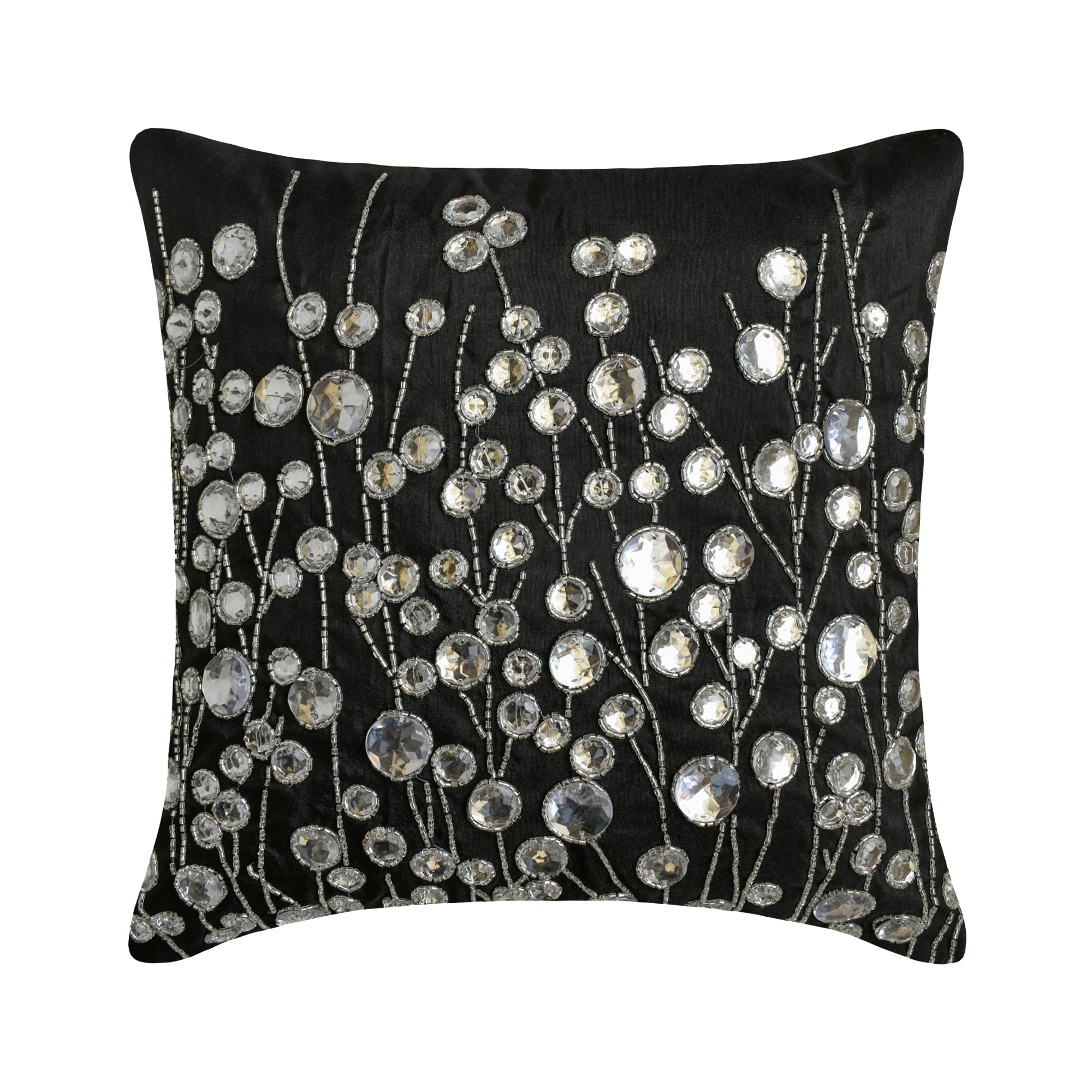 Black Crystal Garden - Luxurious Black Art Silk Decorative Euro Sham Pillow Cover for Bedroom Decor, Living Room, Hotel, Wedding Decorations