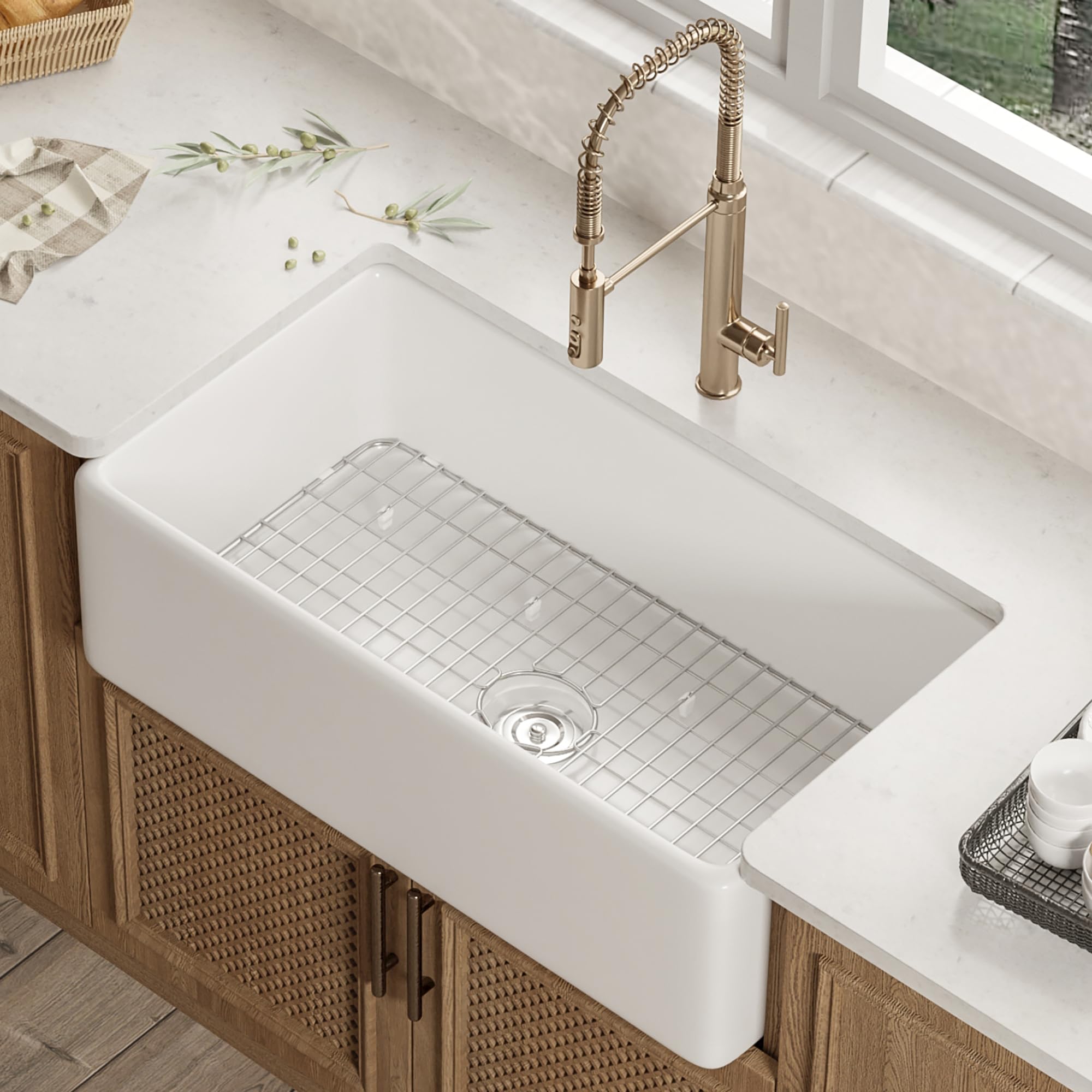 DeerValley 30 Inch White Farmhouse Apron Front Fireclay Kitchen Sink - Undermount Single Bowl Deep Basin with Bottom Grid & Strainer - Perfect for Rustic Kitchens, Farmhouse Renovations & Modern Farmhouse Decor