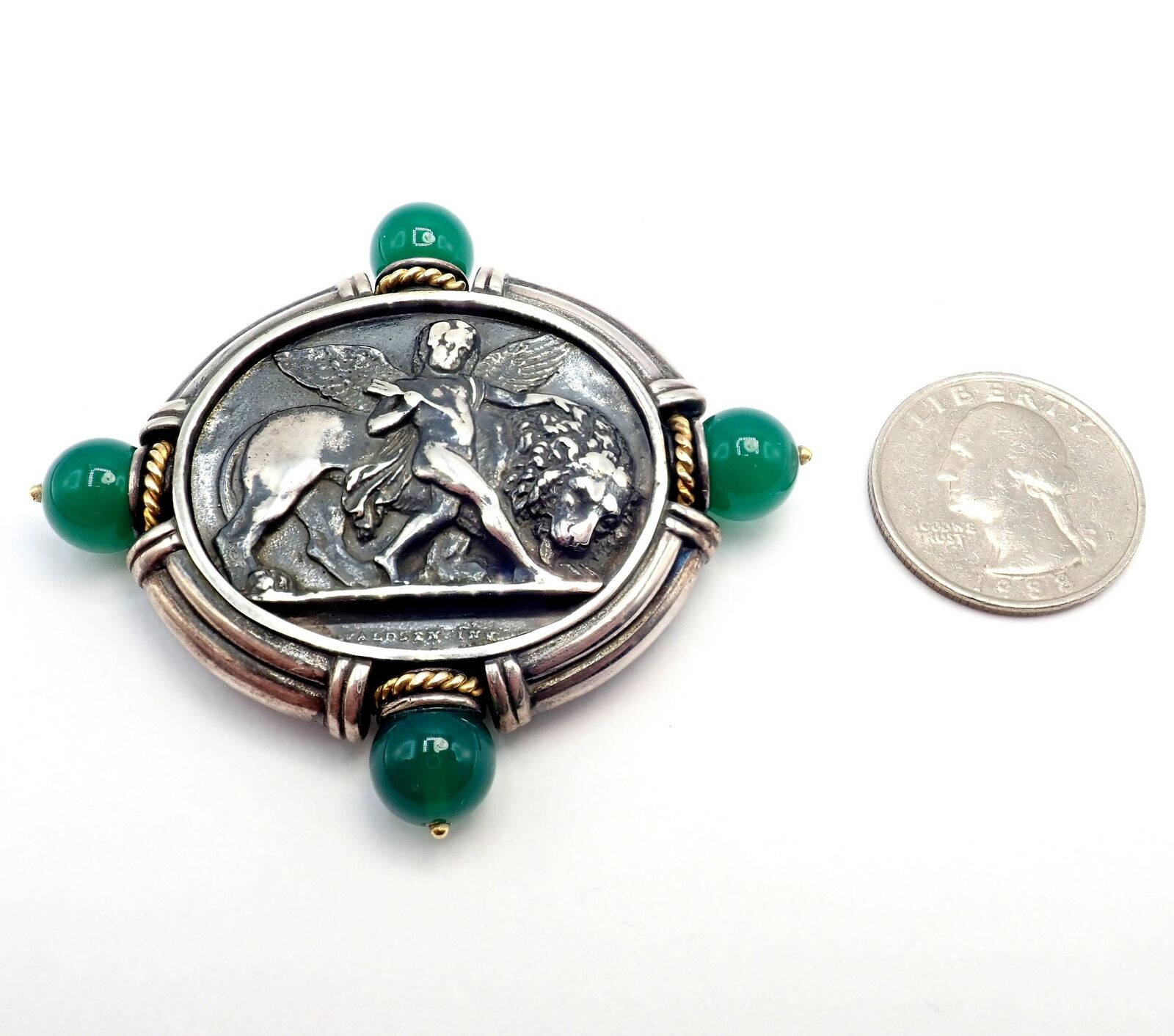 Authentic 18k Yellow Gold & Silver Large Medallion Chrysoprase Brooch - SeidenGang Vintage Jewelry for Women, Perfect for Weddings, Parties & Special Occasions