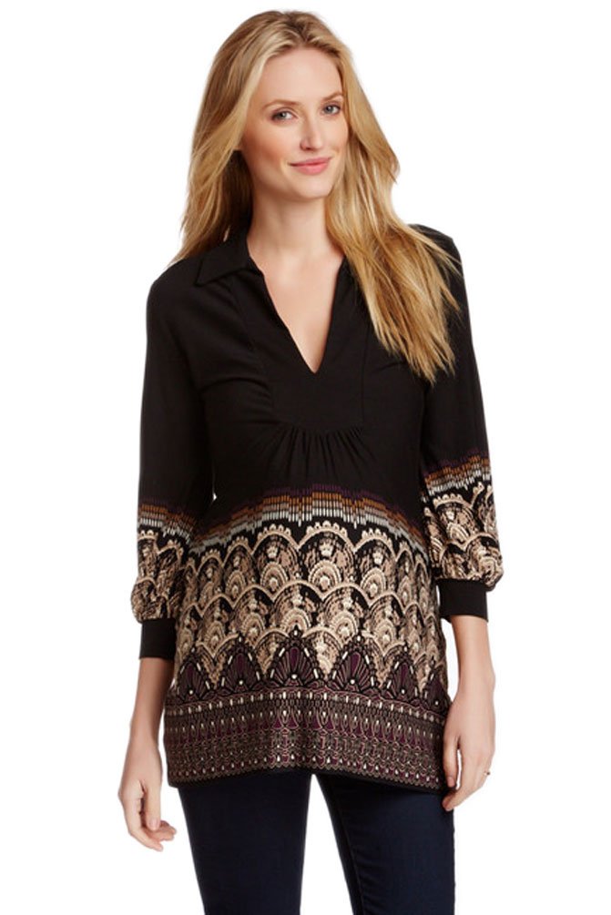 OLIAN Maternity Women's Arabesque Print Collared Tunic Top - Small Black - Comfortable Pregnancy Blouse for Work & Casual Wear