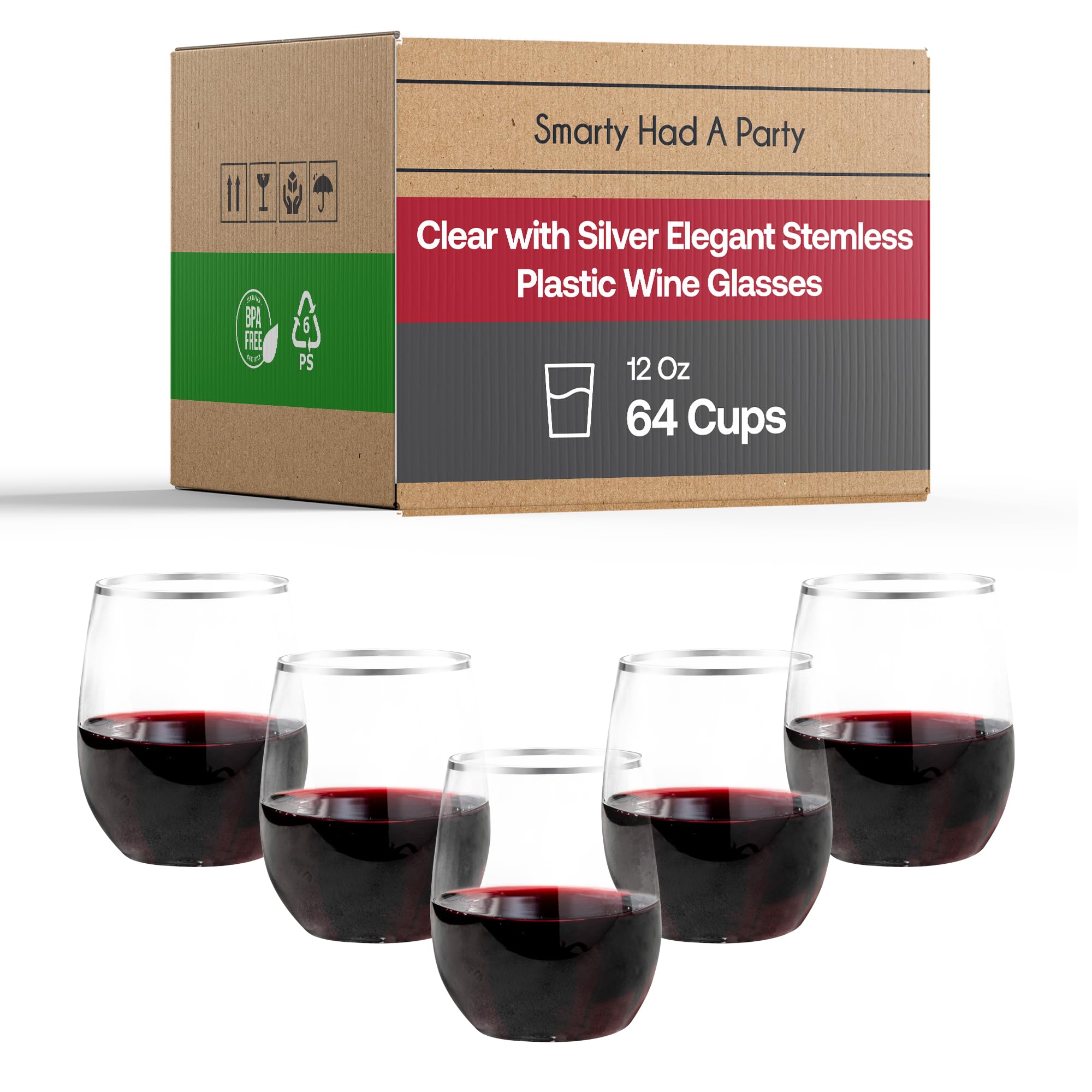 64 Pack Clear Stemless Plastic Wine Glasses 12oz with Silver Rim - Unbreakable Disposable Drinkware for Weddings, Parties, Events - Perfect for Outdoor Gatherings, Picnics & BBQs