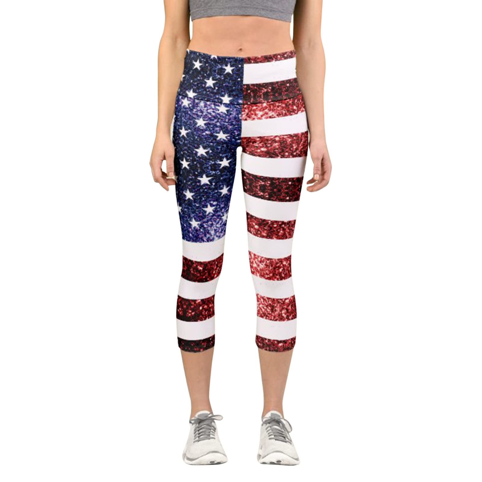 Women's High Waist Capri Leggings - Tummy Control & Butt Lift Workout Running Tights for 4th of July Independence Day | Perfect for Yoga, Gym, and Patriotic Events