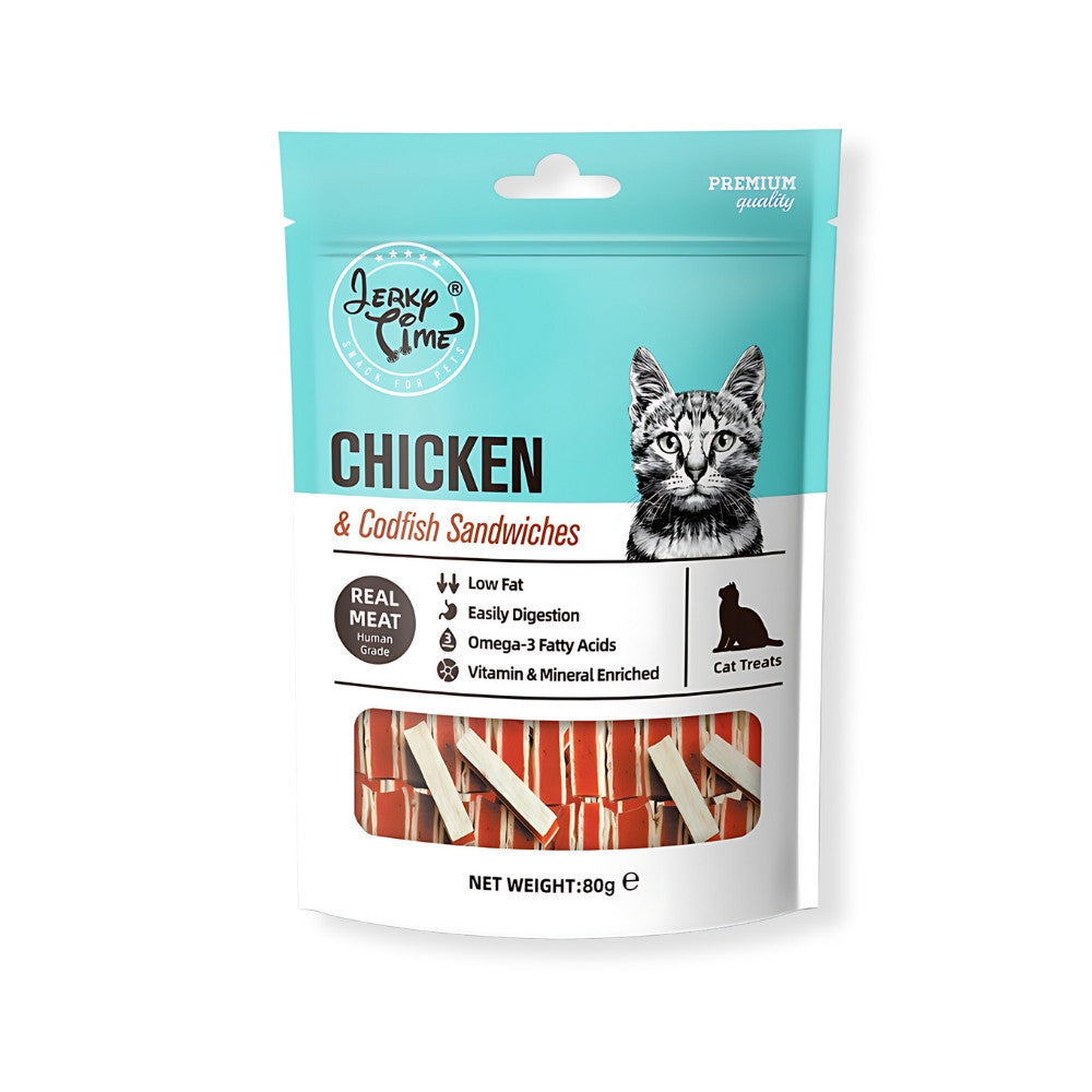 Premium Jerky Time Cat Treats 80g - Chicken & Codfish Duck Strips, Bites & Sushi Snacks - All-Natural Preserved Cat Food for Training & Rewards - Perfect for Playtime & Bonding Moments