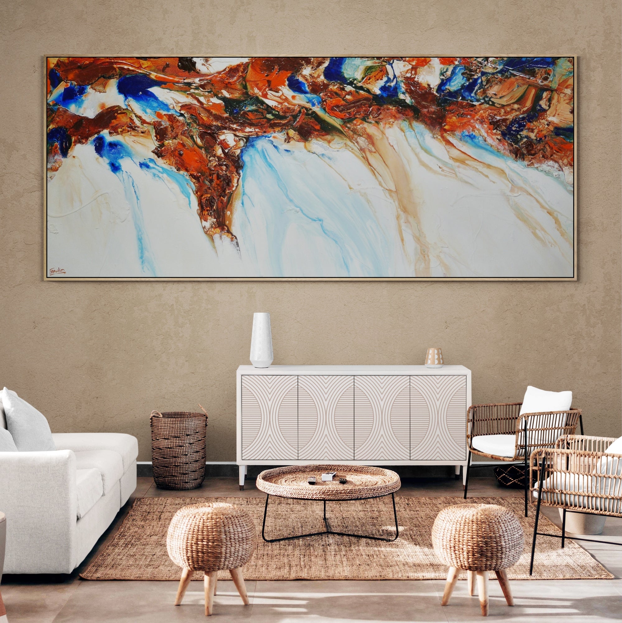 Sapphire Blue Coast 240cm x 100cm White Blue Ochre Textured Abstract Canvas Art - Modern Wall Decor for Living Room, Bedroom & Office