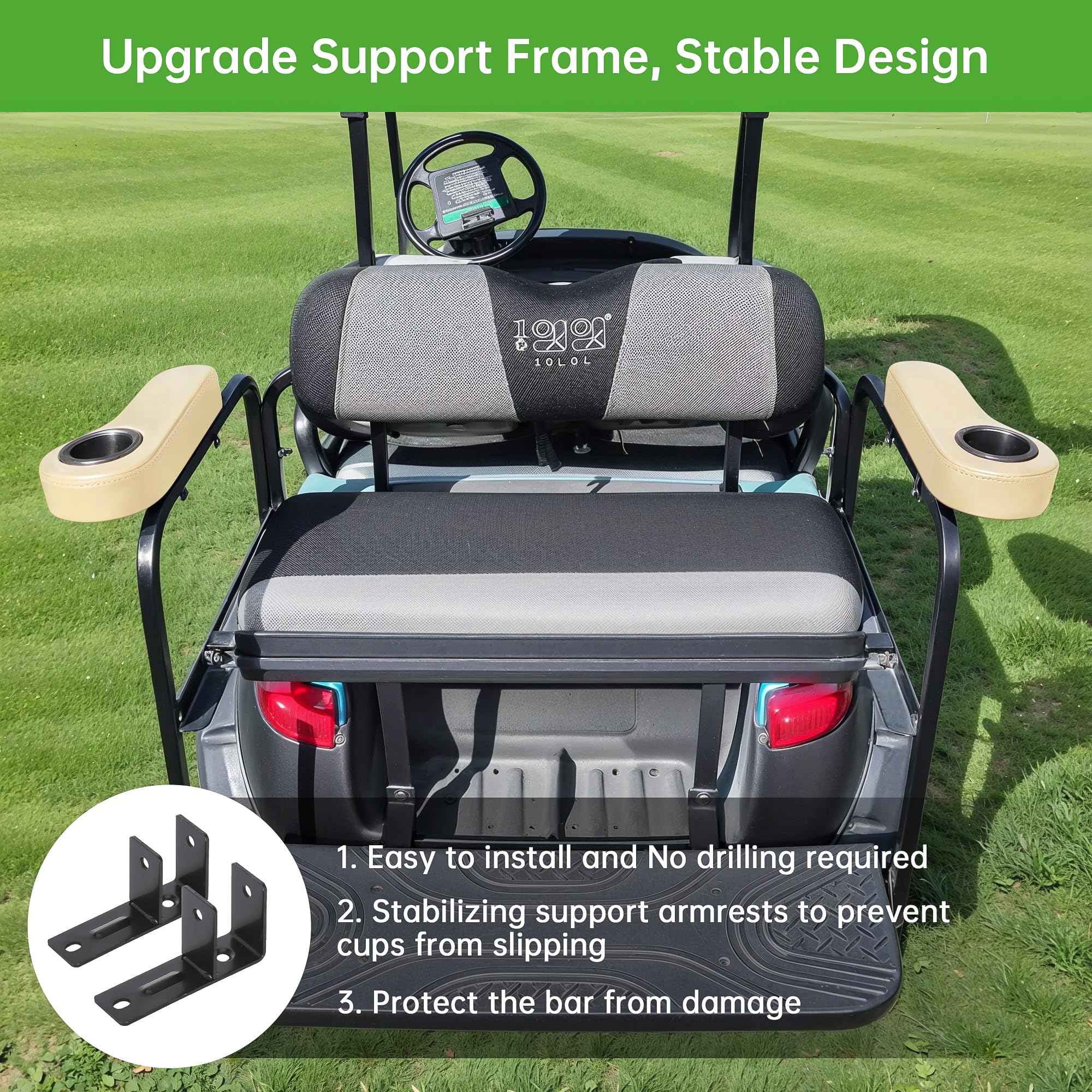 Premium 10L0L Golf Cart Rear Seat Armrest - Genuine Leather with Cup Holder, No Drilling Required - Universal Fit for EZGO, Club Car, Yamaha & More (1