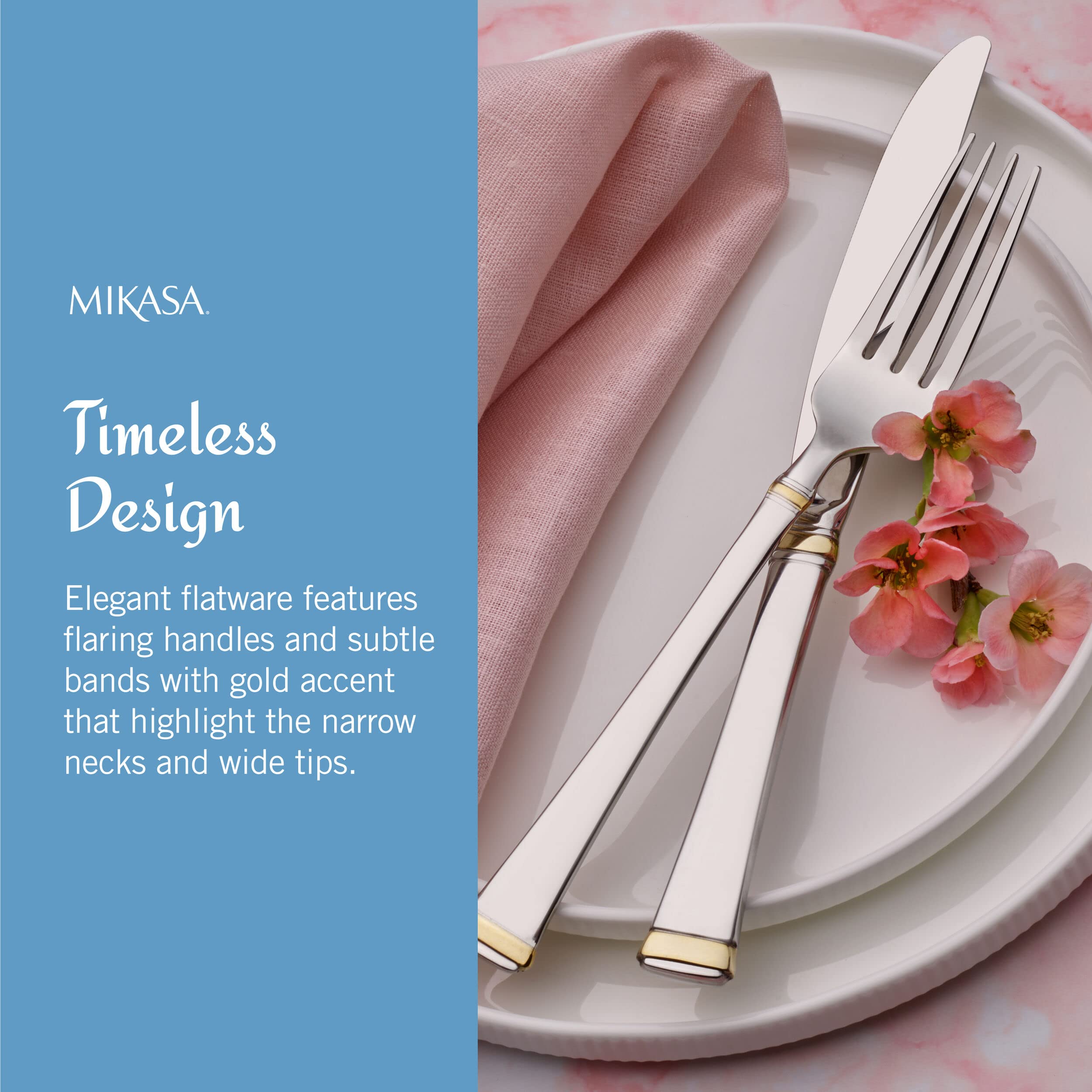 Premium Mikasa 65-Piece Gold Accent Harmony Flatware Set for 12 - 18/10 Stainless Steel Silverware with Serving Utensils - Elegant Dinnerware for Weddings, Holidays & Formal Dining