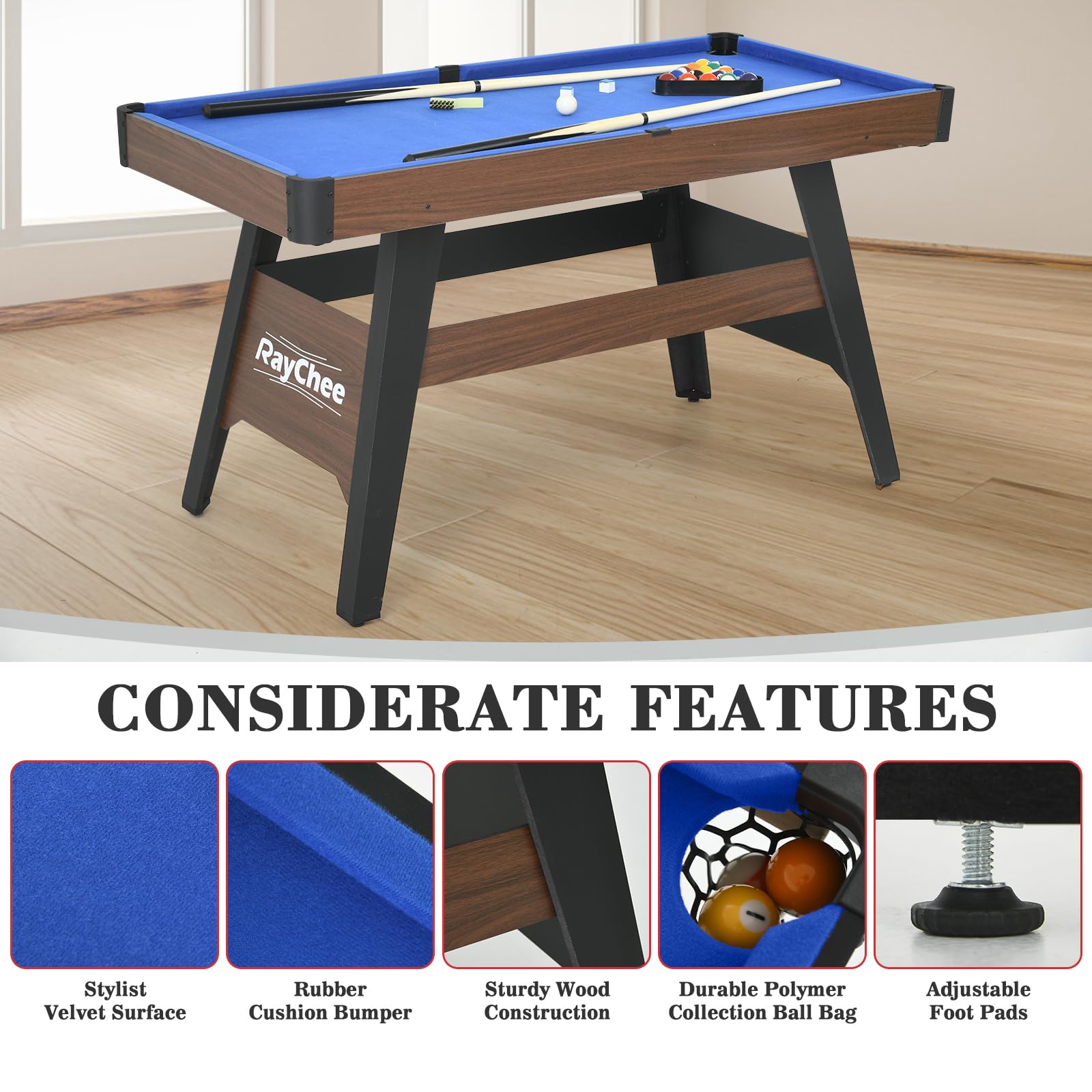 4.5Ft Portable Pool Table for Kids & Adults - Mini Billiards Game Set with 2 Cue Sticks, Balls, Triangle, Chalk & Brush - Perfect for Family Game Nights, Home Bars, and Gym Room Entertainment