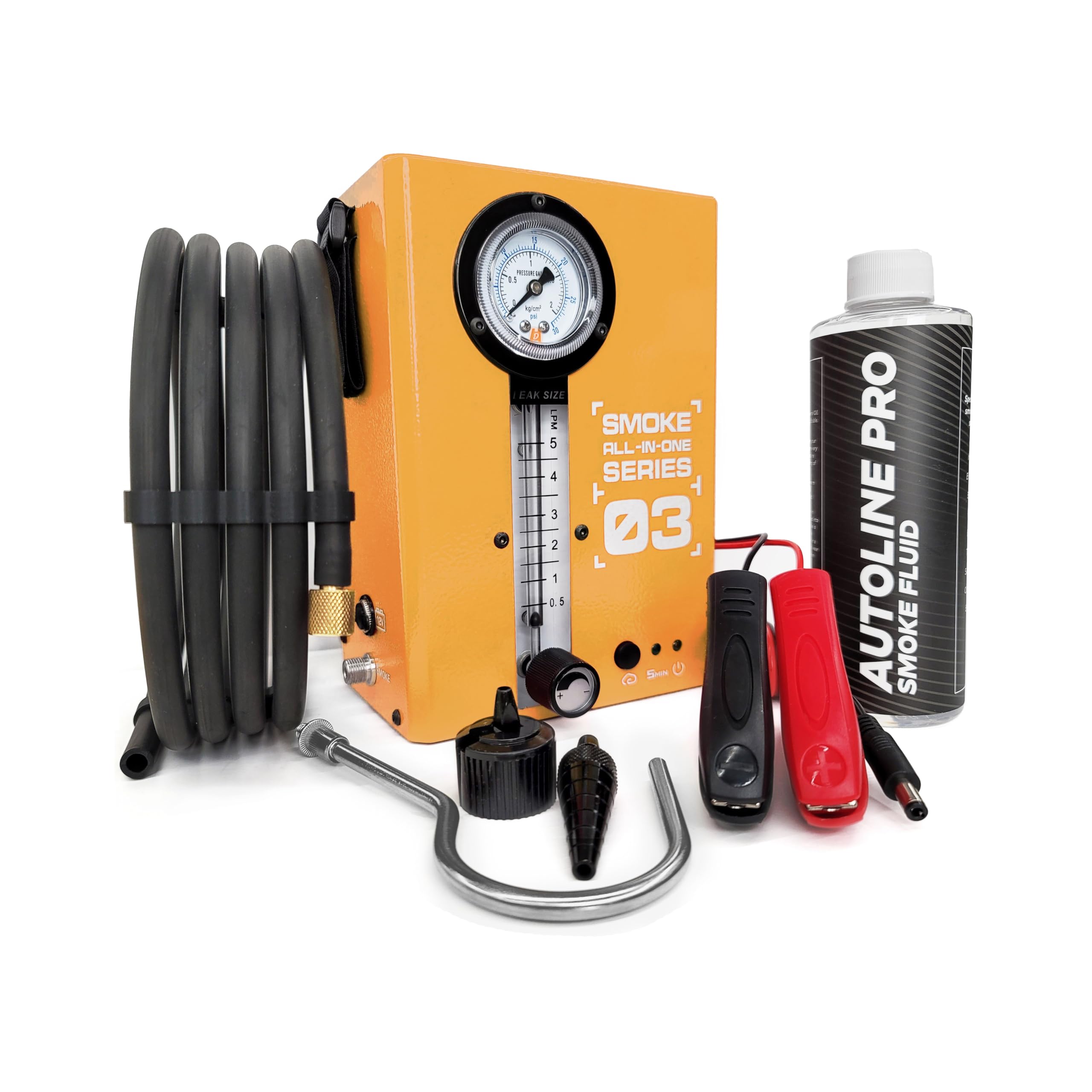 EVAP Smoke Machine Leak Detector Kit with Built-in Air Motor & Pressure Gauge - Model 03 Automotive Diagnostic Tool with Flow Meter & Smoke Fluid - Perfect for EV System Testing, Engine Leak Detection & Car Maintenance (Orange)