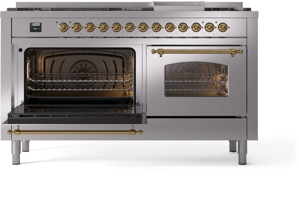 ILVE Nostalgie II 60-Inch Dual Fuel Natural Gas Range with Brass Trim - Stainless Steel Professional Stove for Gourmet Cooking | Perfect for Home Chefs & Luxury Kitchens