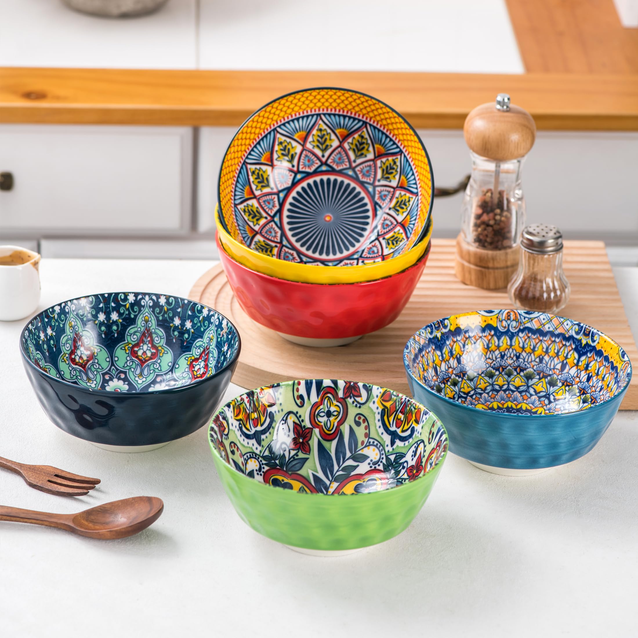 HENXFEN 6-Piece Ceramic Bowl Set - 25 Oz Porcelain Soup, Cereal, Pasta & Salad Bowls - Microwave & Dishwasher Safe - Bohemian Style Dinnerware for Home, Restaurant & Party Serving