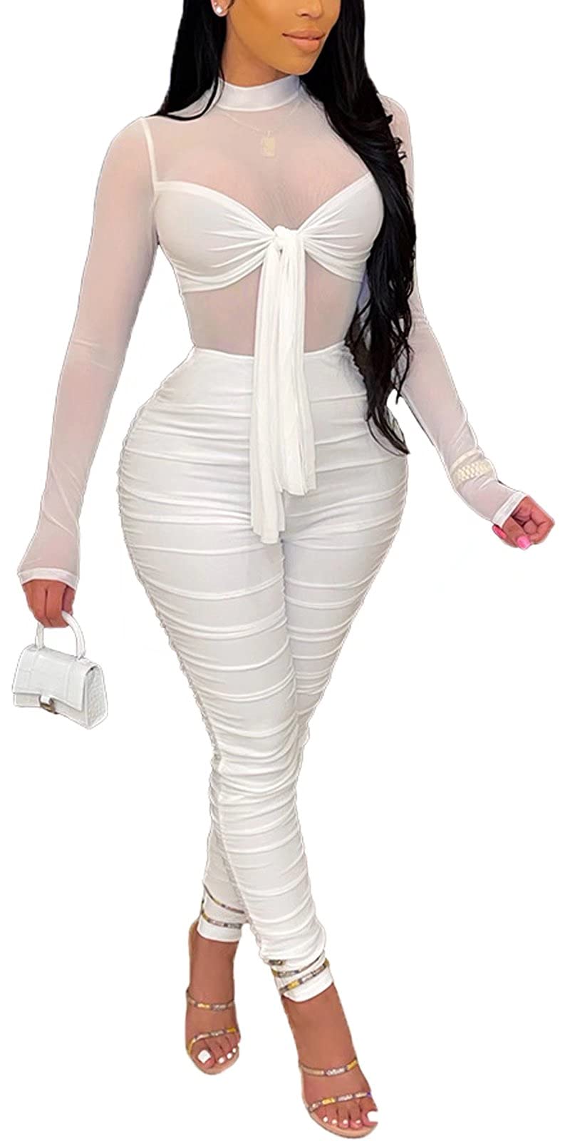 Sexy Mesh Patchwork Jumpsuit for Women - Elegant Long Sleeve Bandage One Piece Party Bodysuit | Clubwear, Night Out, Halloween Costume, Photoshoot Outfit