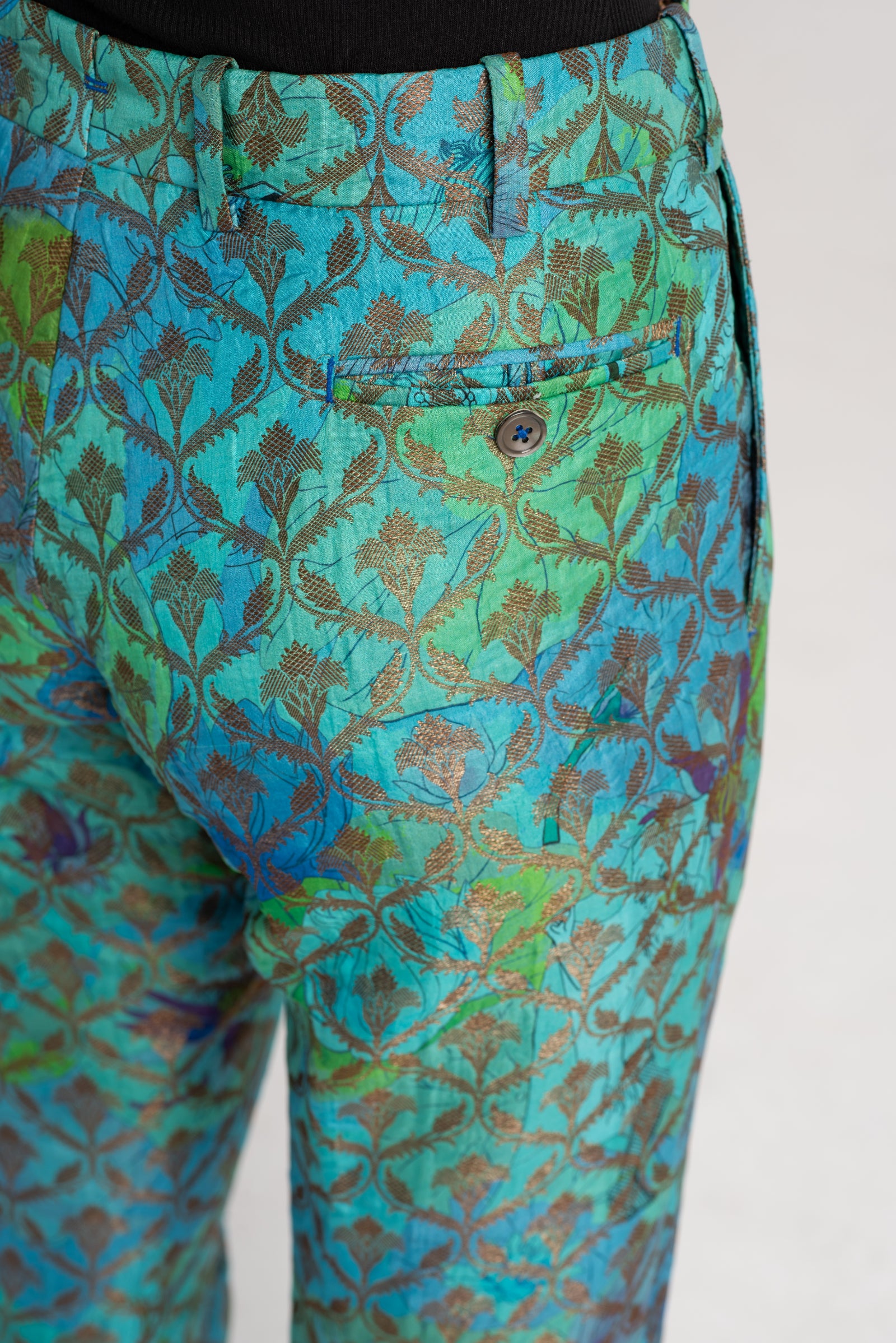 Elegant Boot Cut Trousers in Aqua Silk Brocade - Women's Luxury Dress Pants for Office, Evening & Special Occasions