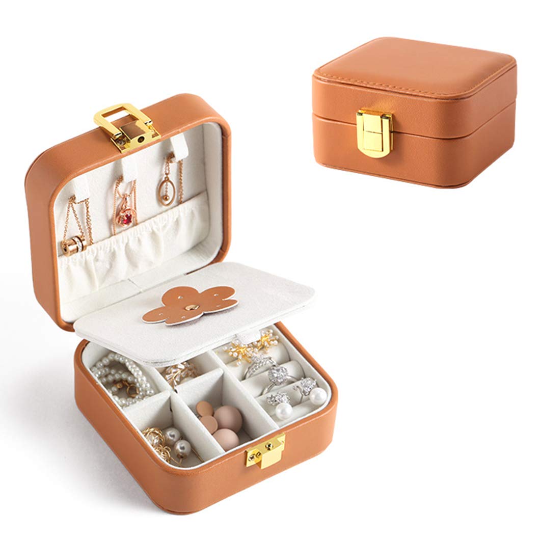 Rolin Roly PU Leather Travel Jewelry Organizer Box - Waterproof Jewelry Storage Case with Mirror for Rings, Necklaces, Bracelets, Earrings & Pendants (Brown) | Perfect for Travel, Home Storage & Gift Giving