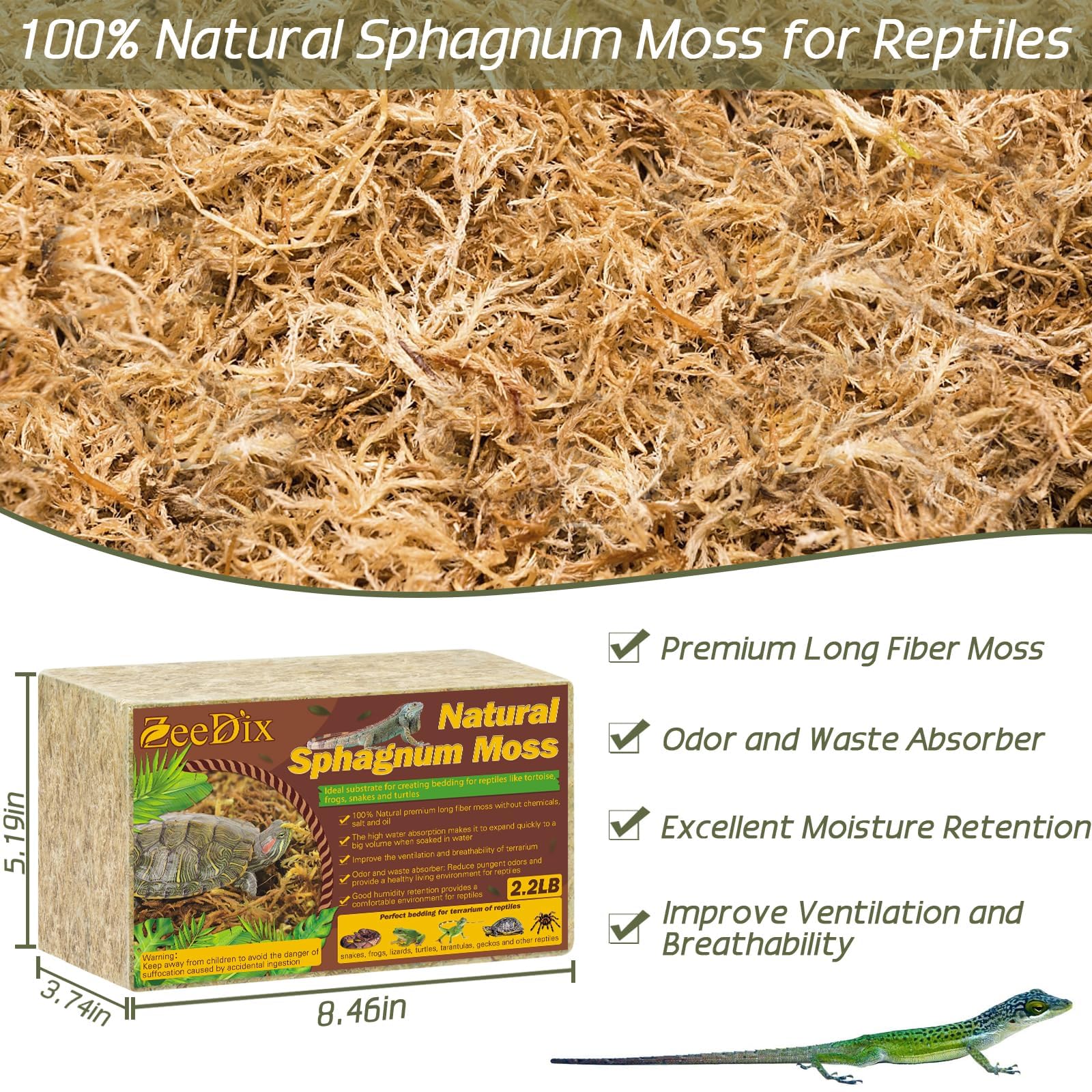 Premium 2.2LBS Sphagnum Moss for Reptiles - 50QT Long Fiber Dried Moss for Terrariums, Leopard Geckos, Frogs, Anoles, Snakes & Turtles | Natural Peat Moss Bedding for Reptile Habitats & Live Plants | Ideal for Moisture Retention & Nesting