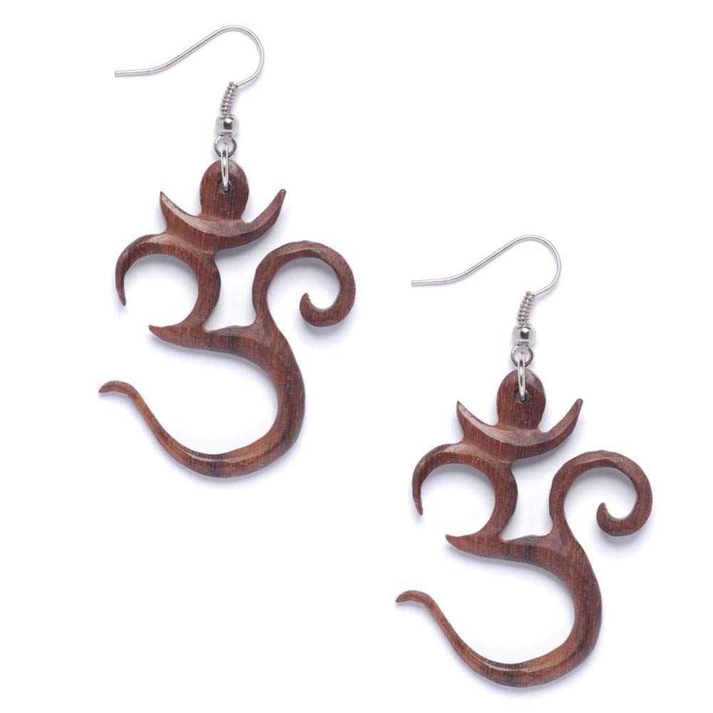 Wood Om Aum Dangle Earrings with 925 Sterling Silver Hooks - Spiritual Sanskrit Jewelry - Yoga & Meditation Accessories for Women - Brown Wooden Earrings for Daily Wear & Special Occasions