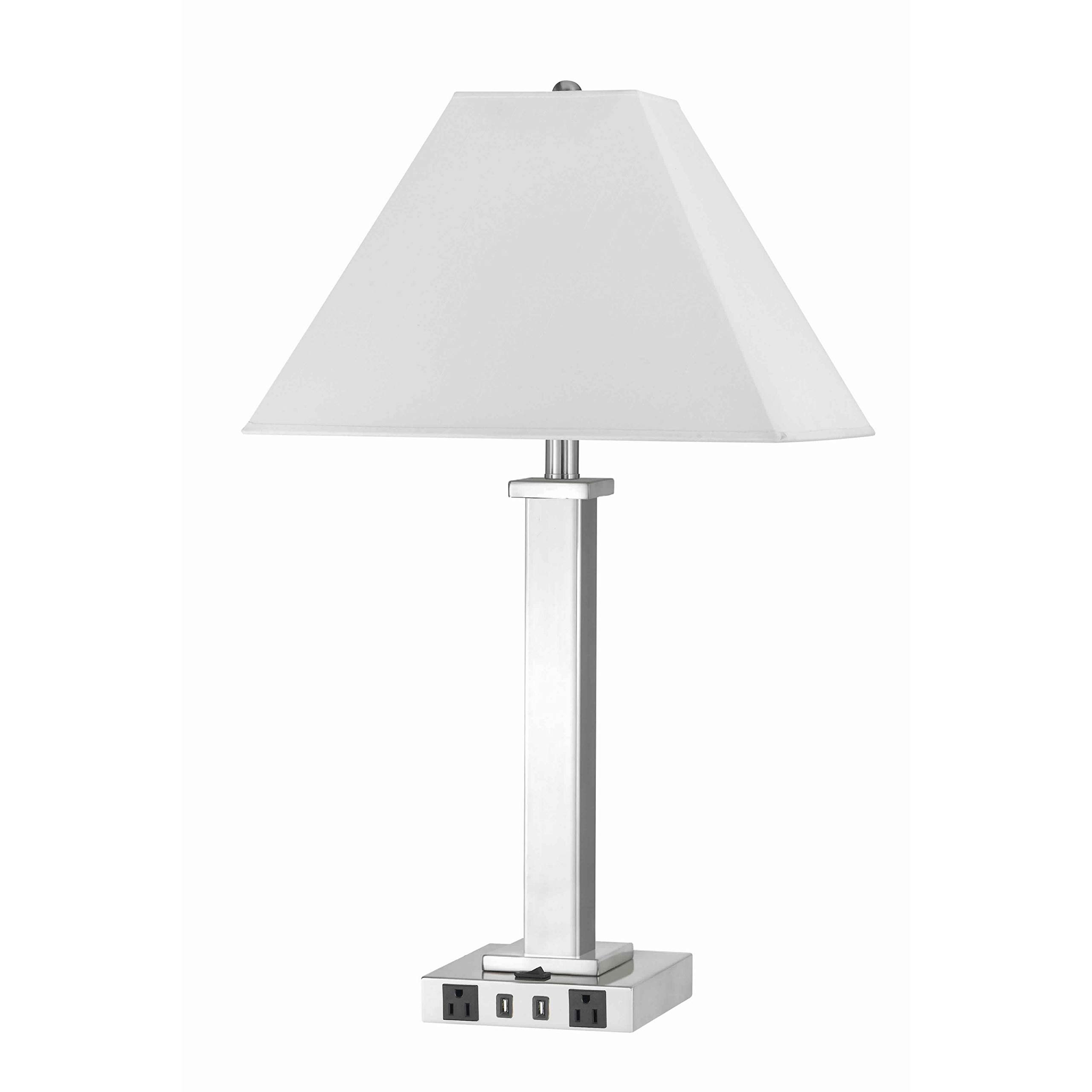 Benjara Modern Trapezoid Shade Table Lamp with Metal Base & 2 USB Ports - White & Chrome Finish - Perfect for Bedroom, Living Room, Office & Study Desk Lighting