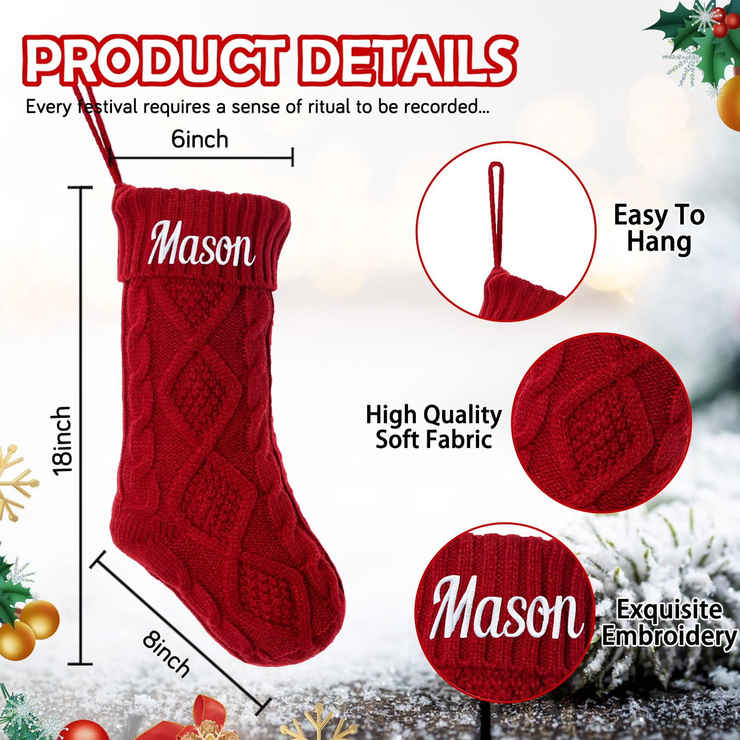 Personalized Christmas Stockings 18 Inch - Custom Name Knitted Stockings for Fireplace (3 Pack) | Double-Sided Xmas Decor for Kids, Family & Holiday Parties | Perfect for Christmas Tree Decorations & Gift Exchanges