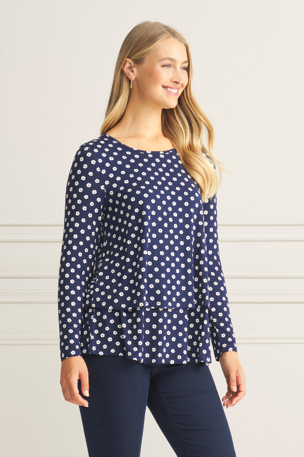 Women's Long Sleeve Layered Floral Polka Dot T-Shirt - Casual Comfort Top for Everyday Wear, Work & Date Nights