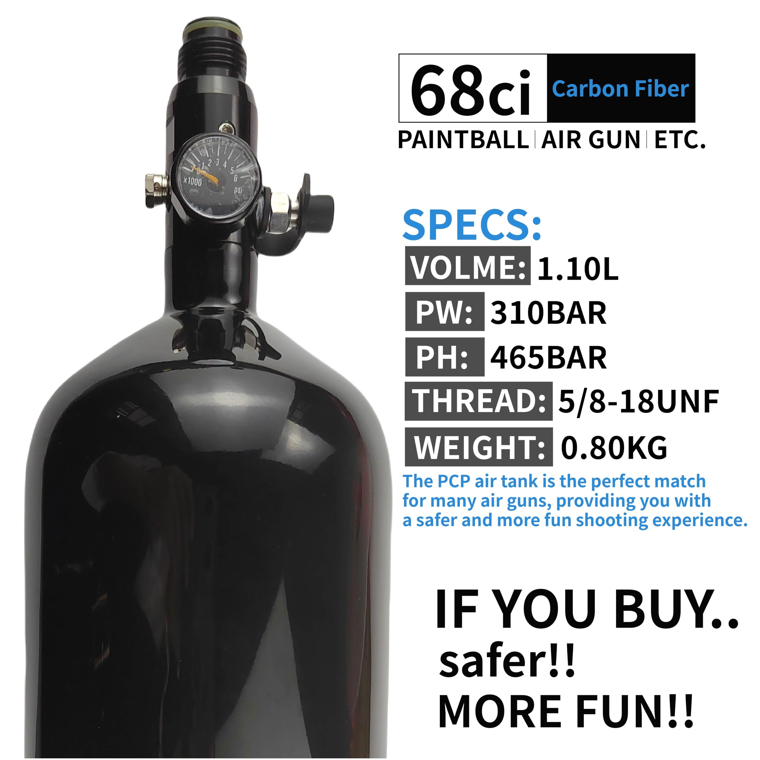 DOT 68ci 4500psi Carbon Fiber Paintball PCP Air Tank with 800Psi Regulator - HPA Tank for Paintball Guns, PCP Air Rifles & Airsoft (2024 Model) | Perfect for Competitive Paintball, Target Shooting & Outdoor Airsoft Battles