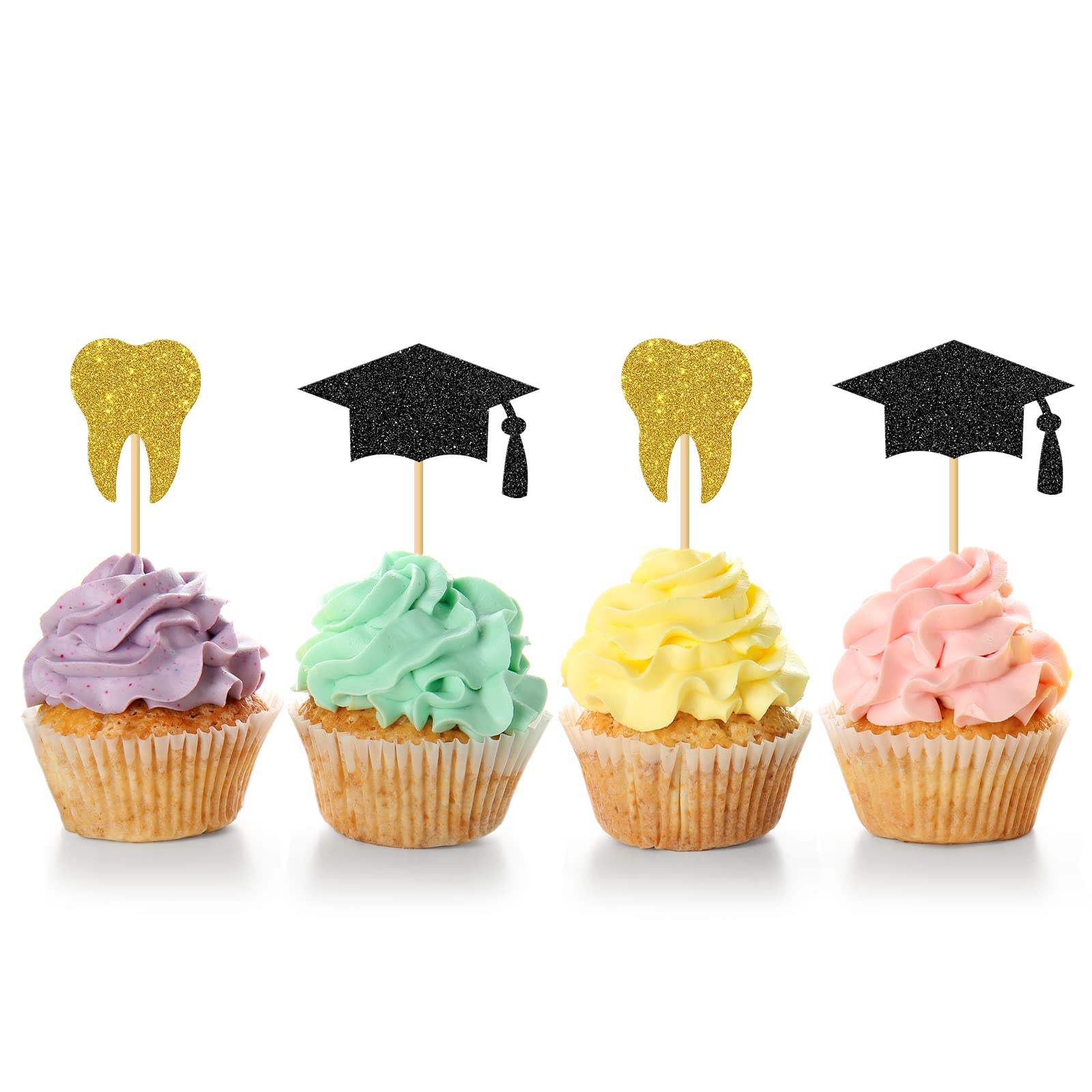 24 Pcs Dentist Graduation Cupcake Toppers - Gold Black Glitter Dental School Decorations for Graduation Party, Doctor Graduation, Dental Hygienist Celebration - Perfect for Cupcakes, Cakes, and Dessert Table Decor