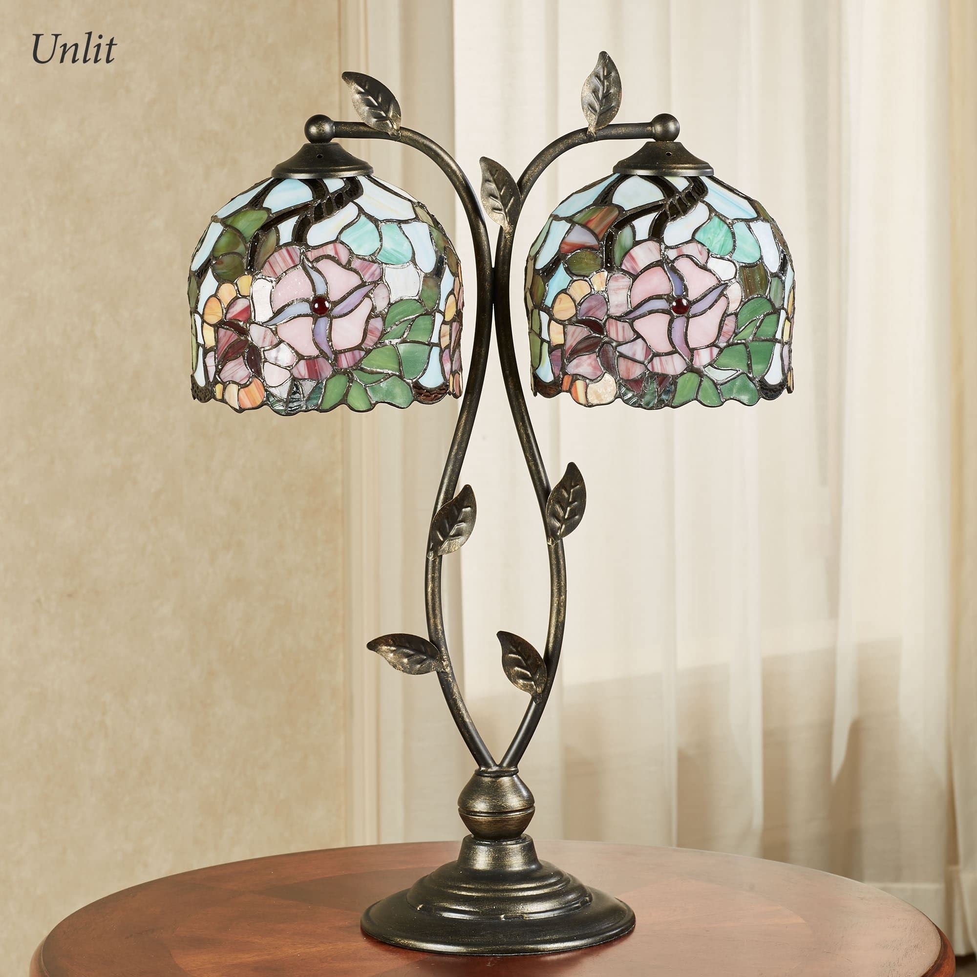 Handcrafted Tiffany Style Jacinthia Floral Stained Glass Table Lamp - Red & Pink Flowers, Double Shade, Hand-Painted - Elegant Bedroom & Desk Lighting for Home Decor, Living Room, Office