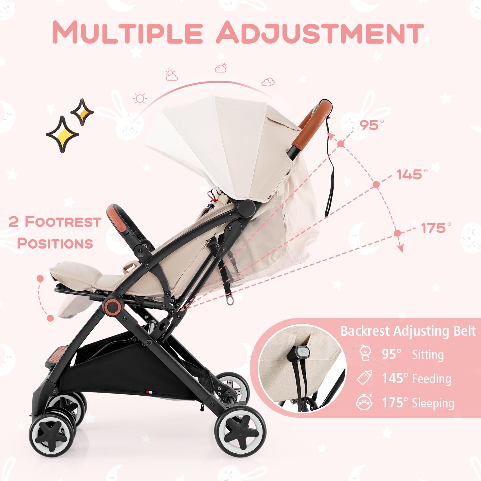 HONEY JOY Lightweight Baby Stroller - Compact One-Hand Fold Travel Stroller for Airplane, Fits Cabin & Overhead Bins, Self-Standing Toddler Stroller with Adjustable Backrest & Canopy (Beige) - Perfect for Air Travel, Shopping, and Daily Walks
